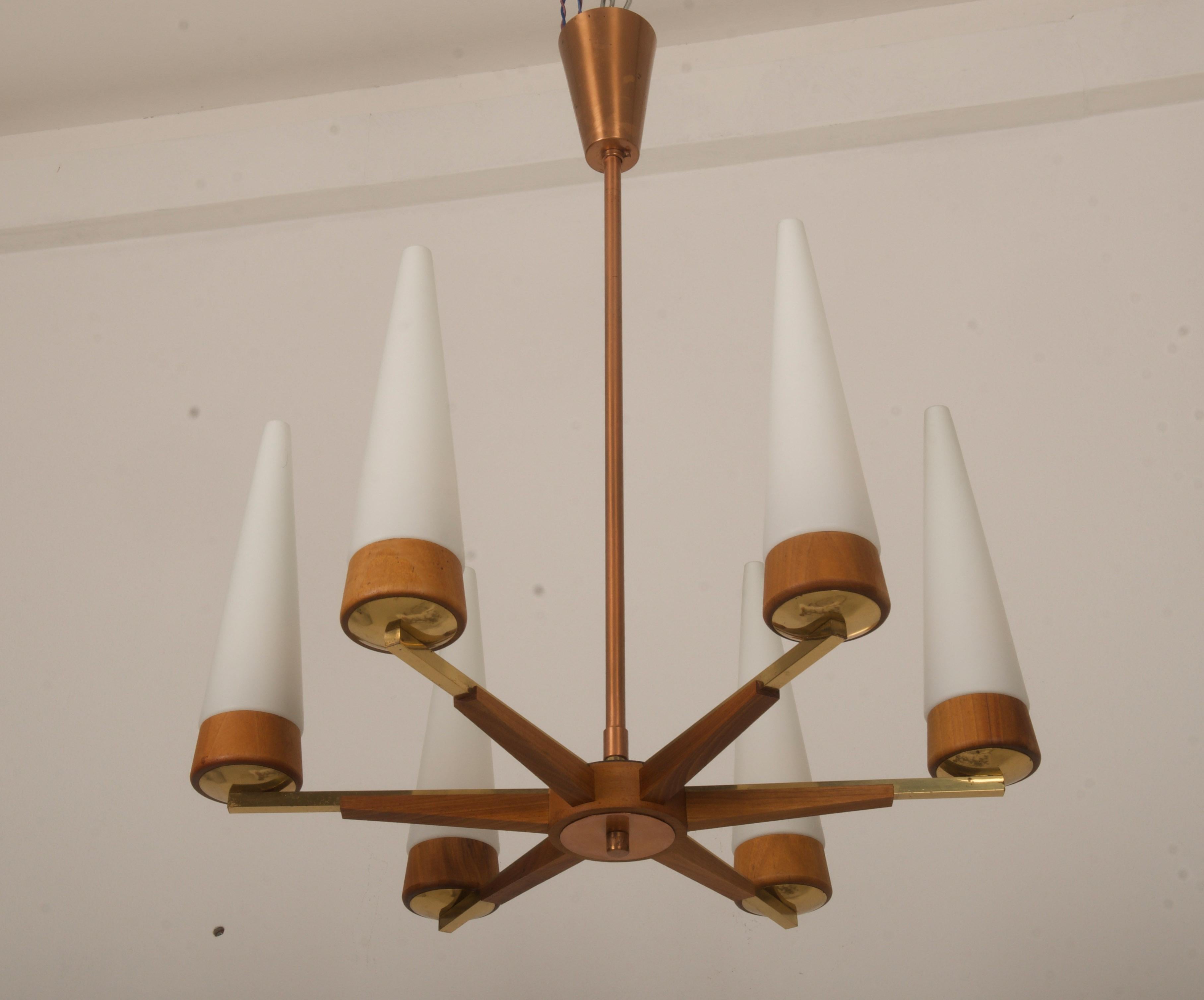 Austrian Mid-Century Walnut Brass Copper Chandelier By Rupert Nikoll For Sale