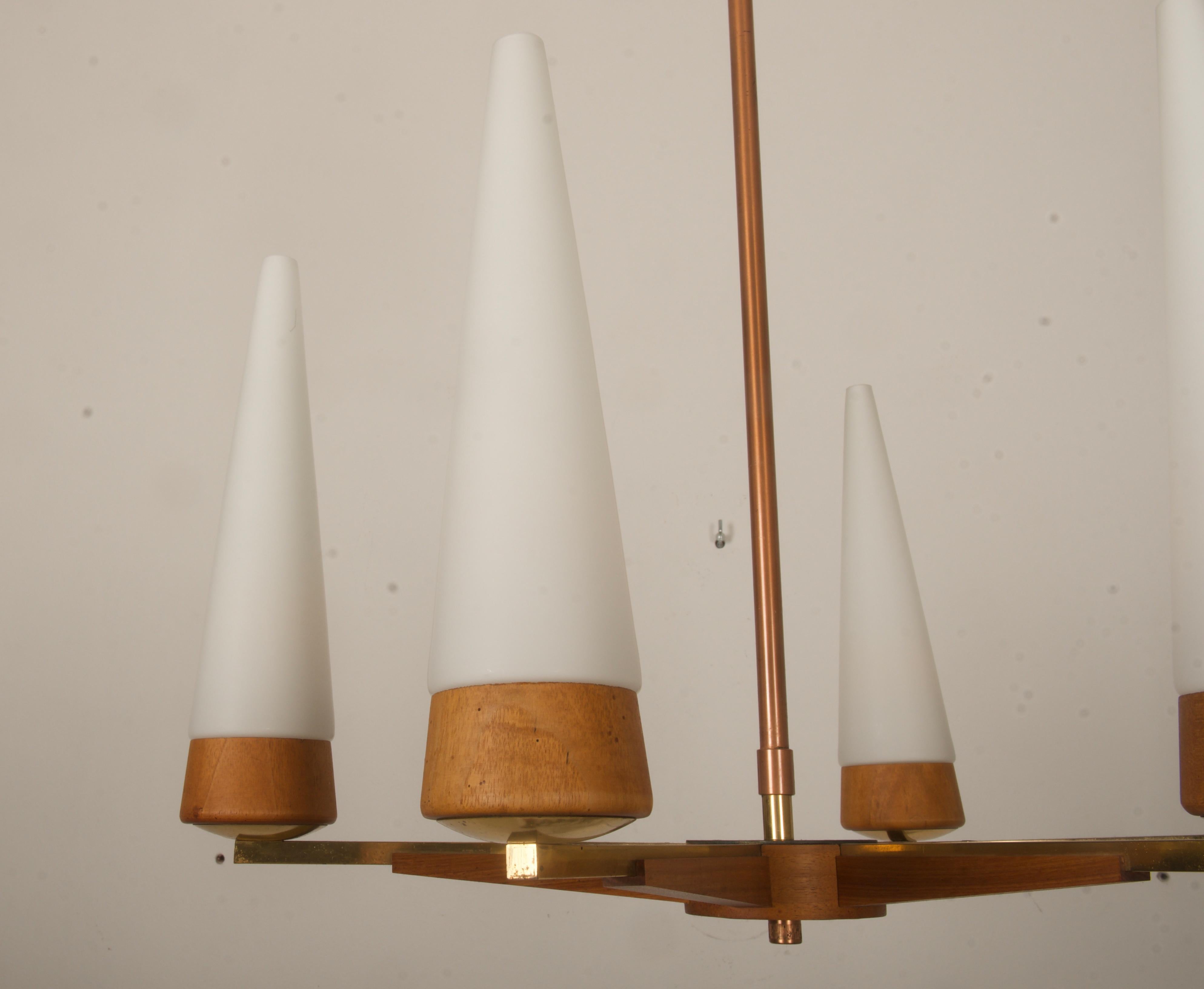 Mid-20th Century Mid-Century Walnut Brass Copper Chandelier By Rupert Nikoll For Sale