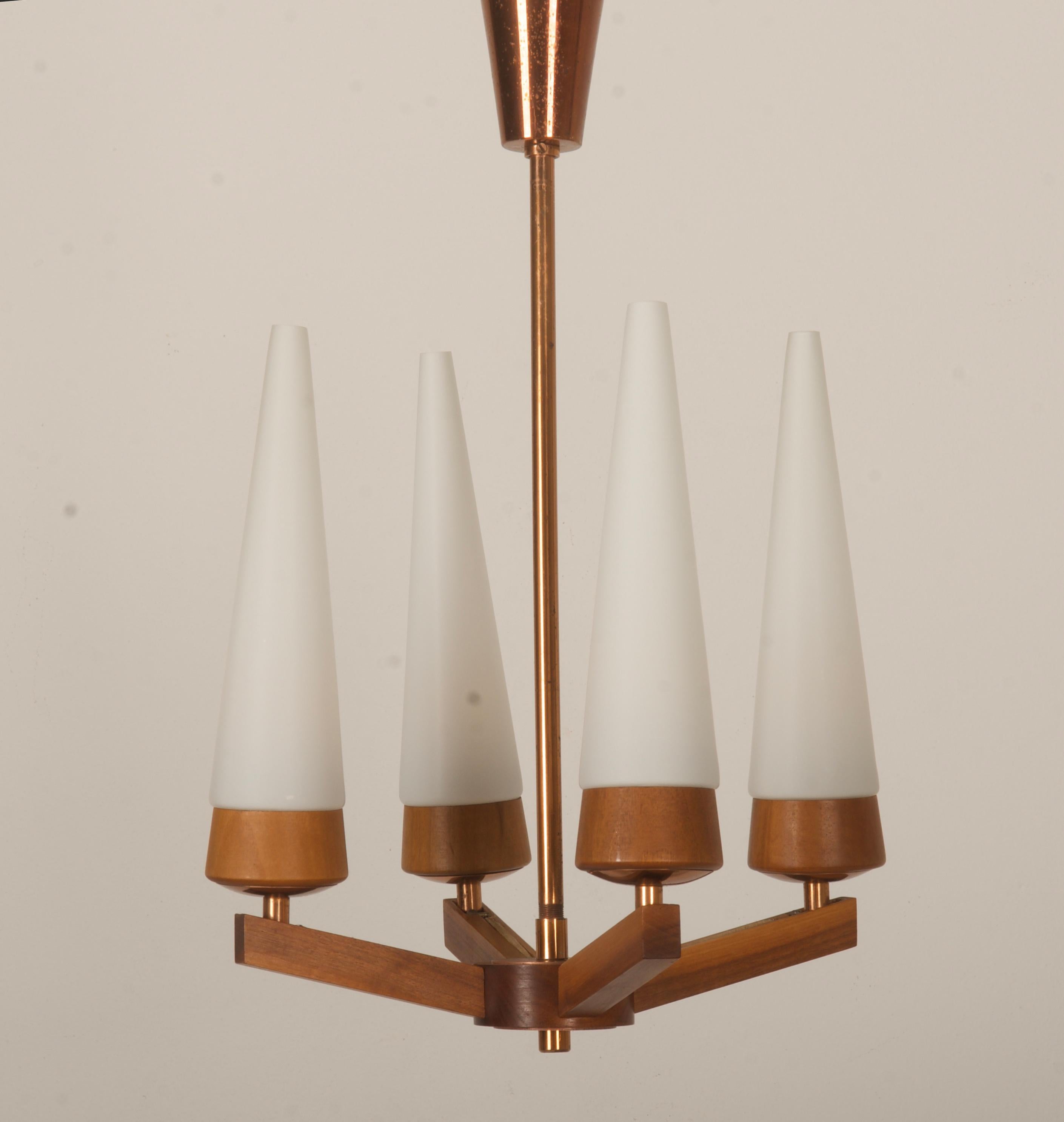 Mid-20th Century Mid-Century Walnut Brass Copper Chandelier By Rupert Nikoll For Sale