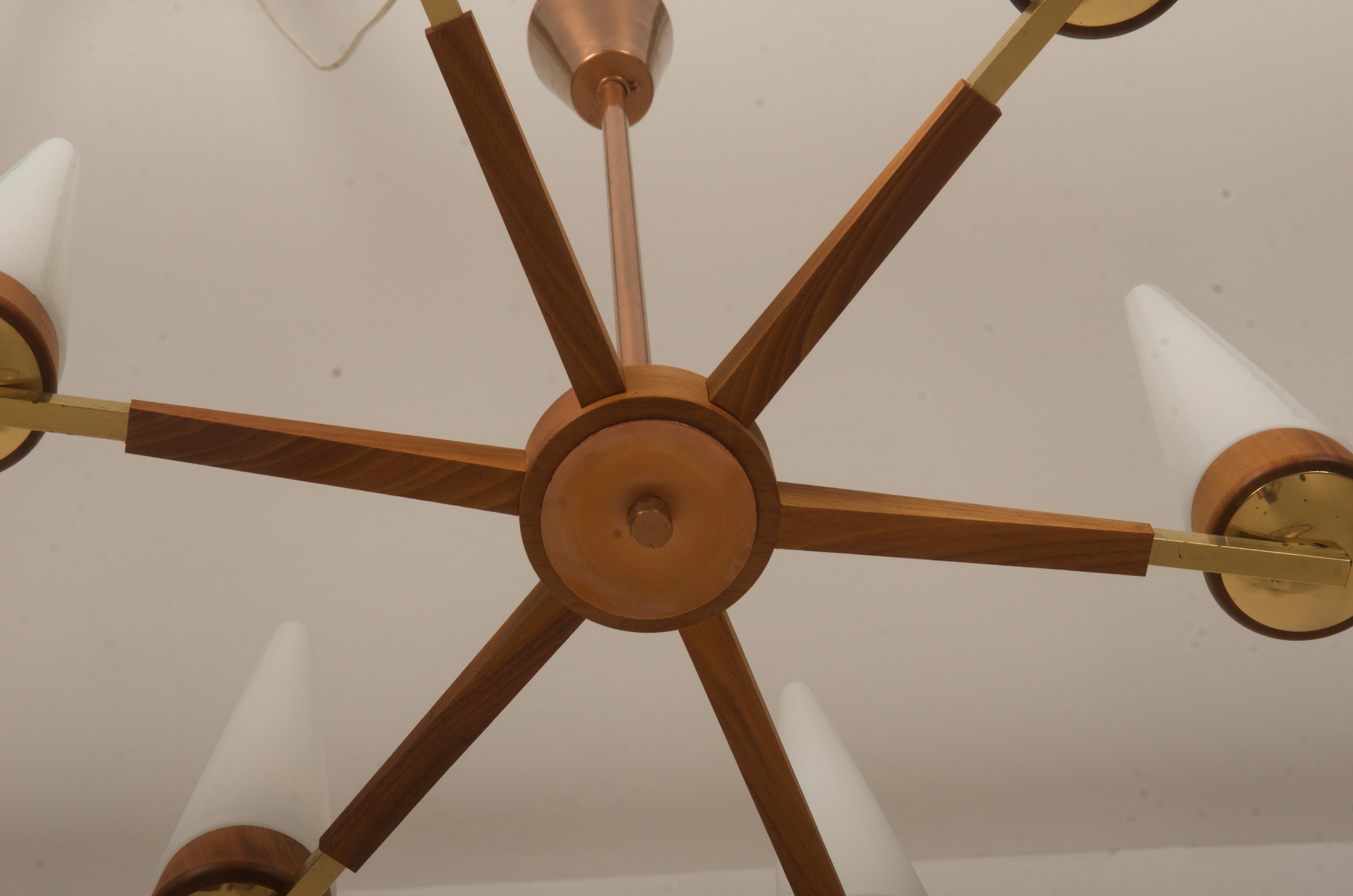 Mid-Century Walnut Brass Copper Chandelier By Rupert Nikoll For Sale 1