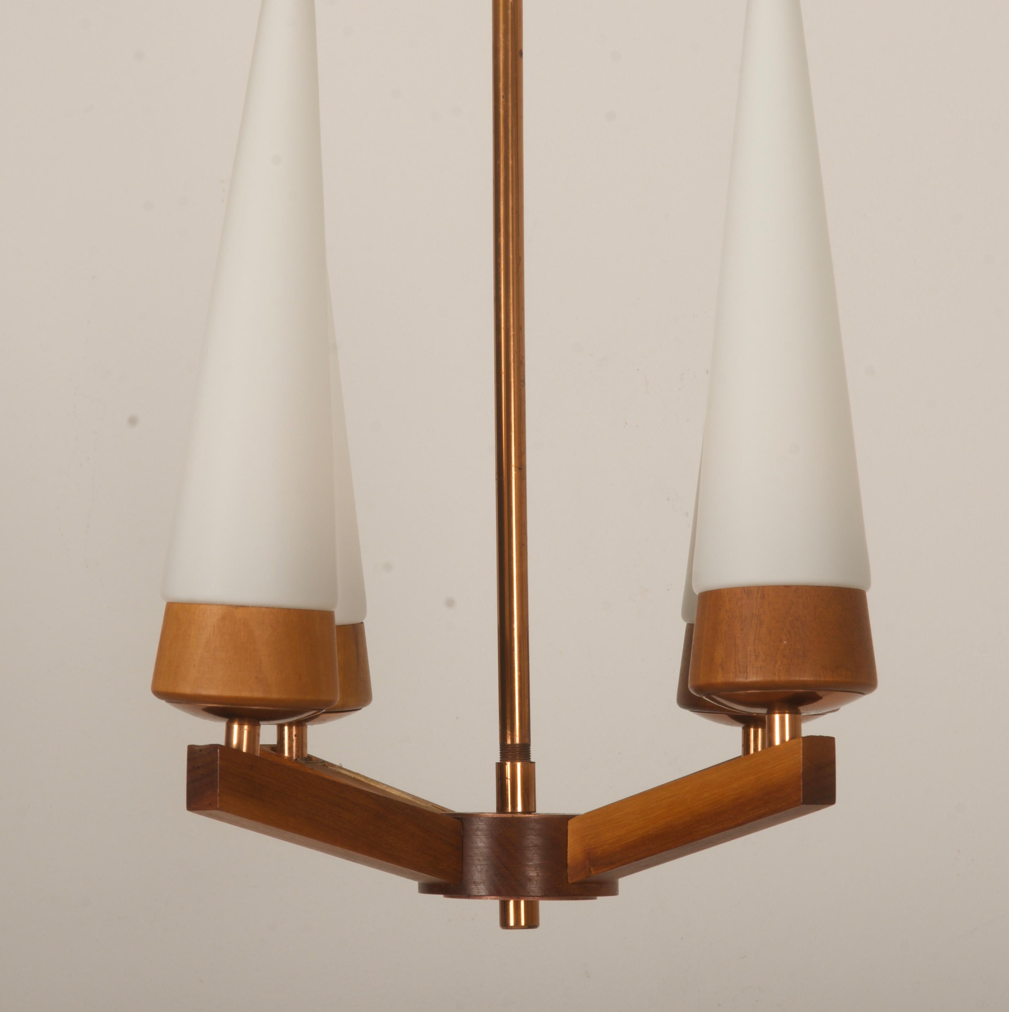 Mid-Century Walnut Brass Copper Chandelier By Rupert Nikoll For Sale 1