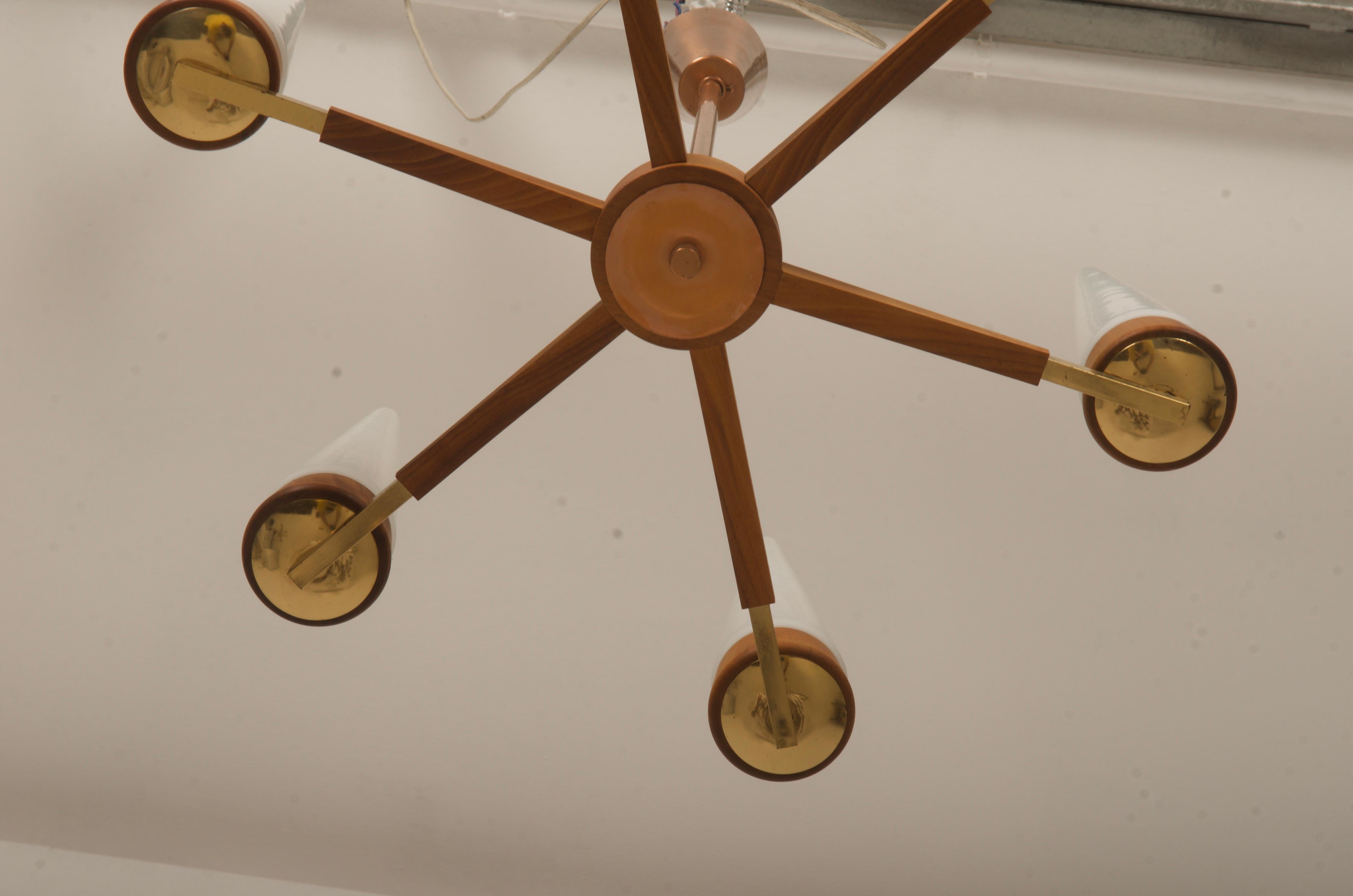 Mid-Century Walnut Brass Copper Chandelier By Rupert Nikoll For Sale 2