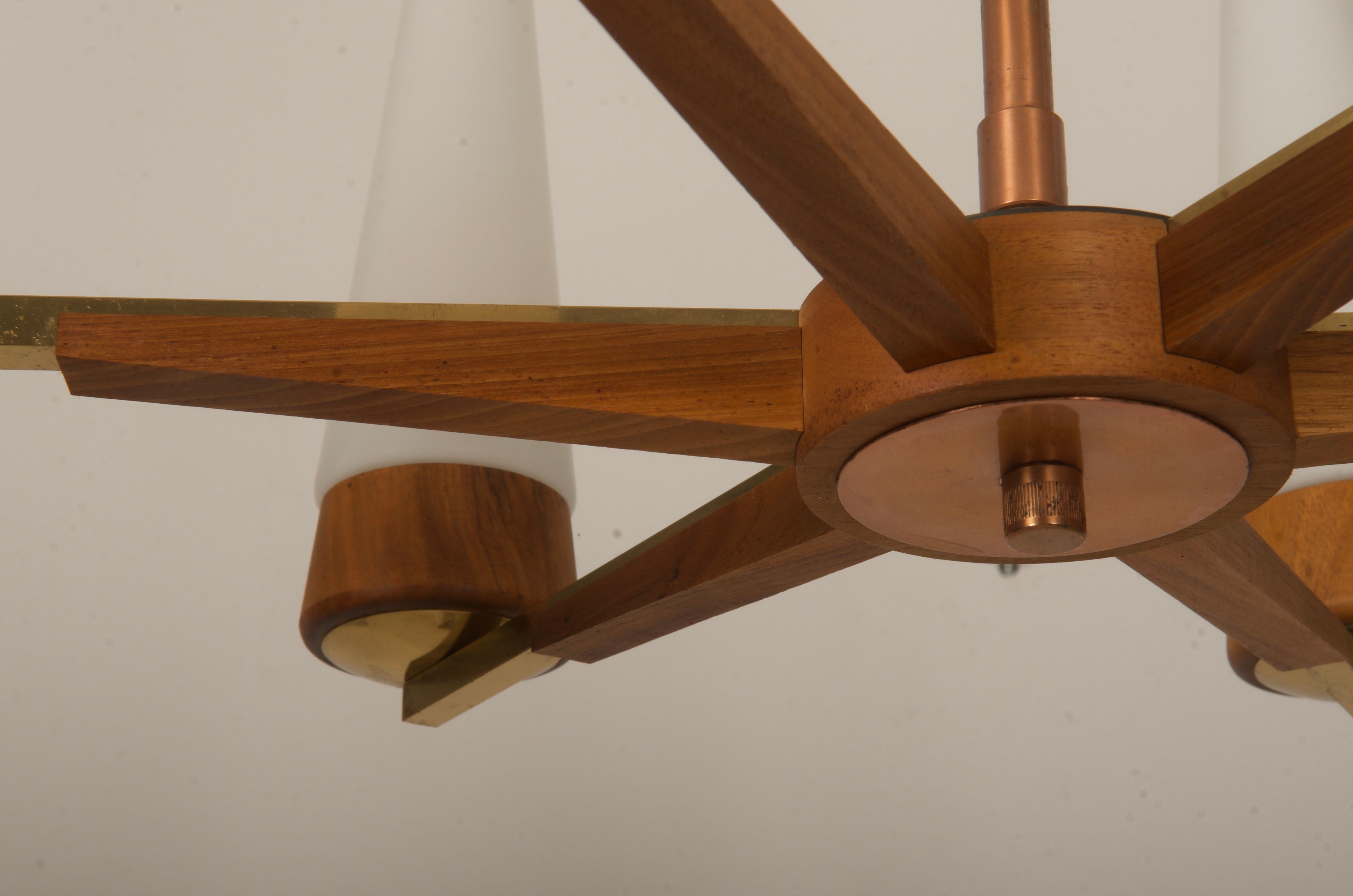 Mid-Century Walnut Brass Copper Chandelier By Rupert Nikoll For Sale 3