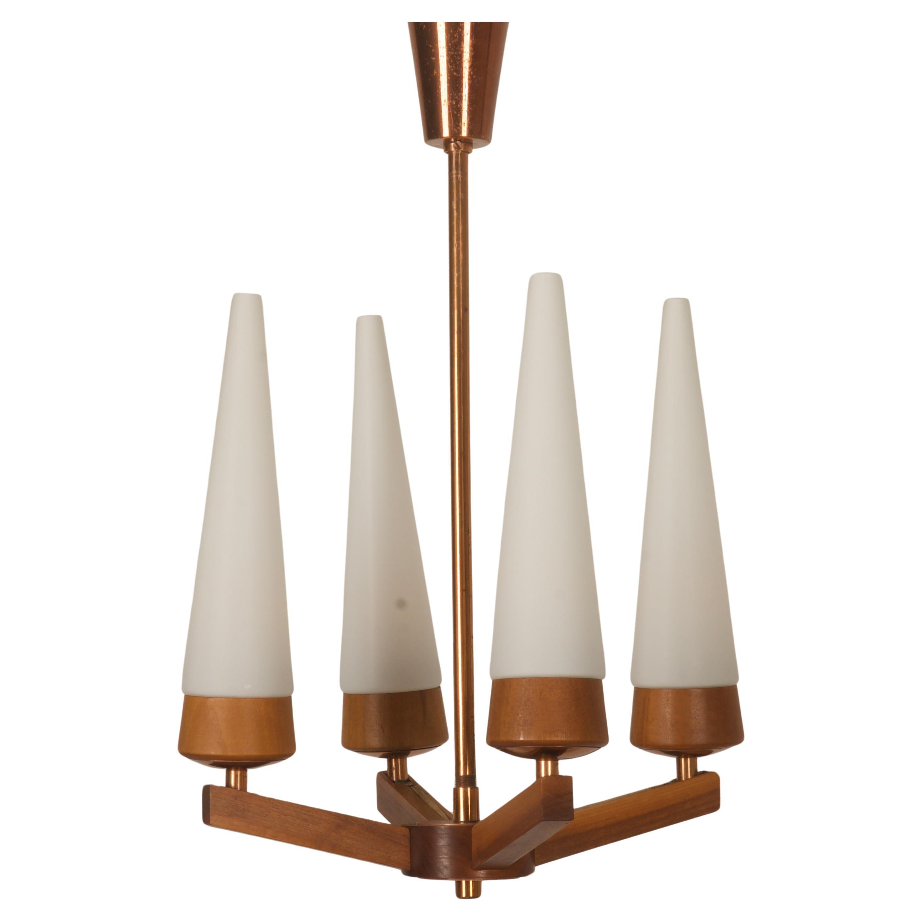 Mid-Century Walnut Brass Copper Chandelier By Rupert Nikoll