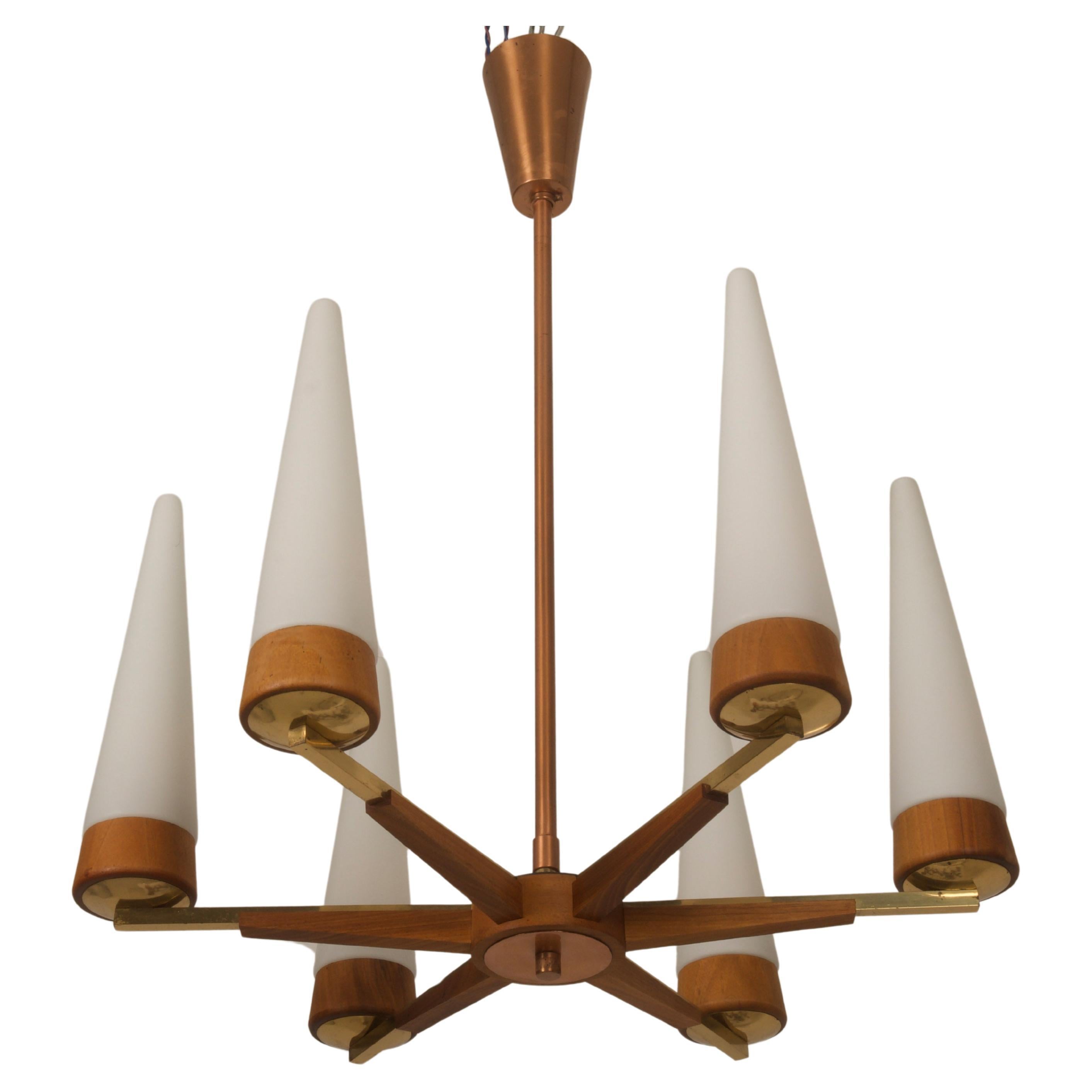 Mid-Century Walnut Brass Copper Chandelier By Rupert Nikoll