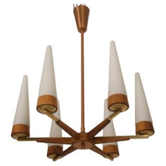 Mid-Century Walnut Brass Copper Chandelier By Rupert Nikoll 