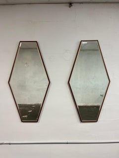 Mid Century Walnut Brass Hexagon Beveled Glass Mirrors after Paul McCobb