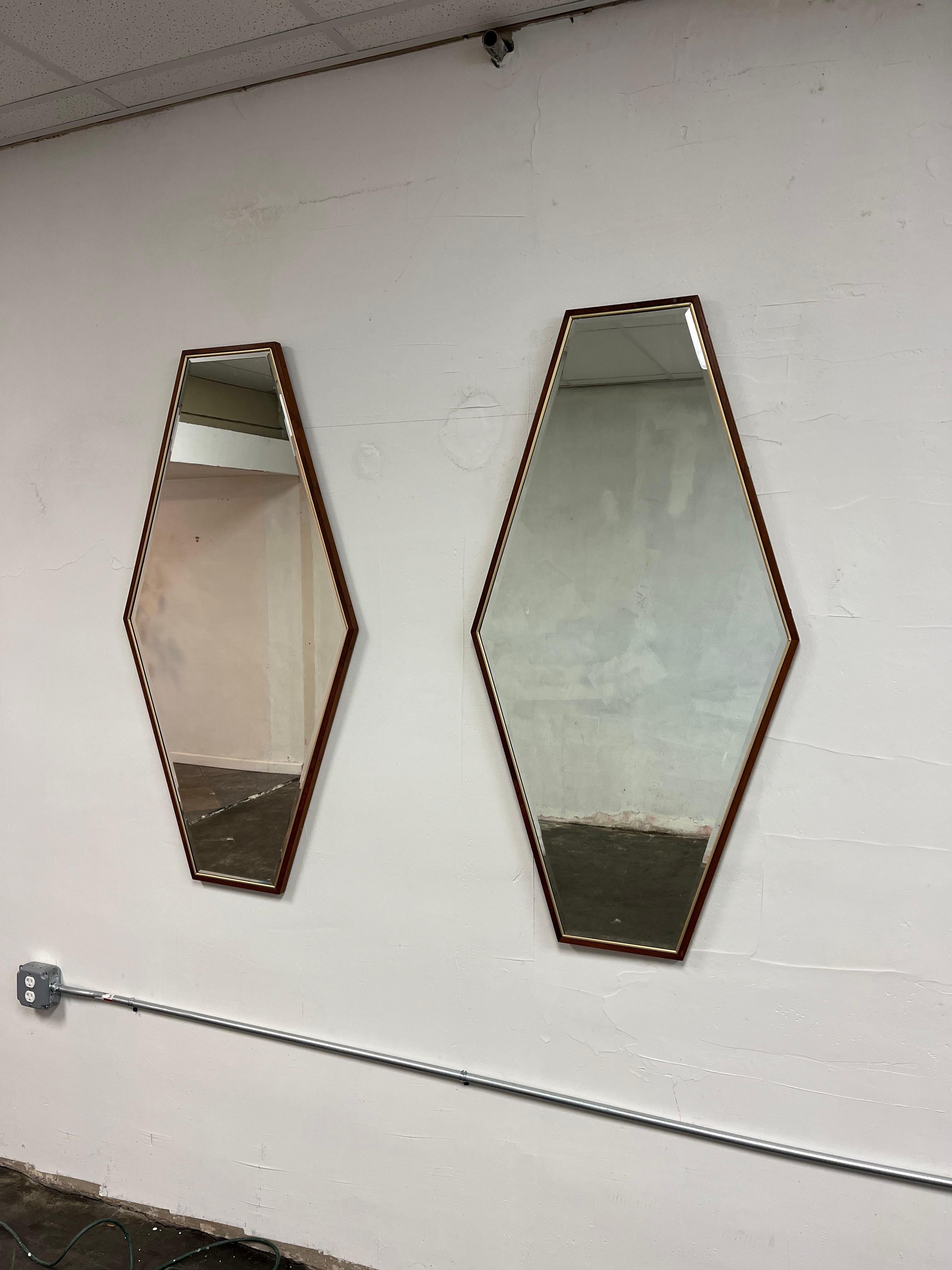 Mid-Century Modern Mid Century Walnut Brass Hexagon Beveled Glass Mirrors after Paul McCobb For Sale