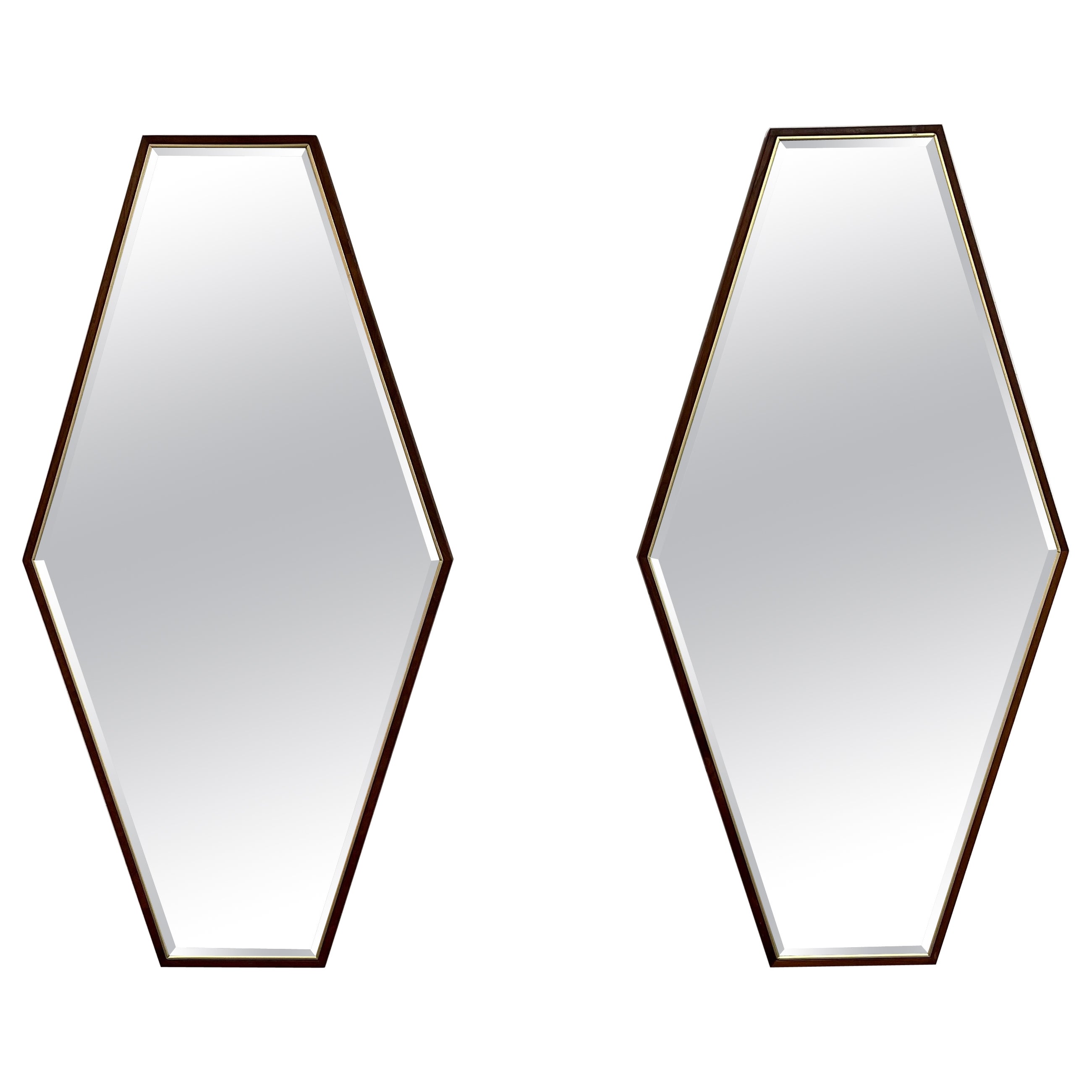 Mid Century Walnut Brass Hexagon Beveled Glass Mirrors after Paul McCobb