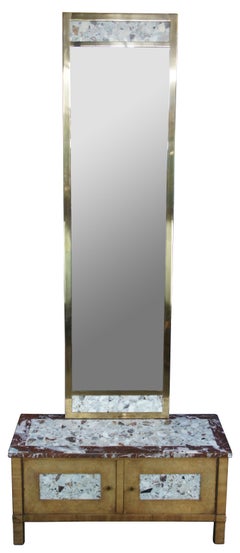 Mid Century Walnut Brass Marble Pier Hall Mirror Entry Bench Console Cabinet