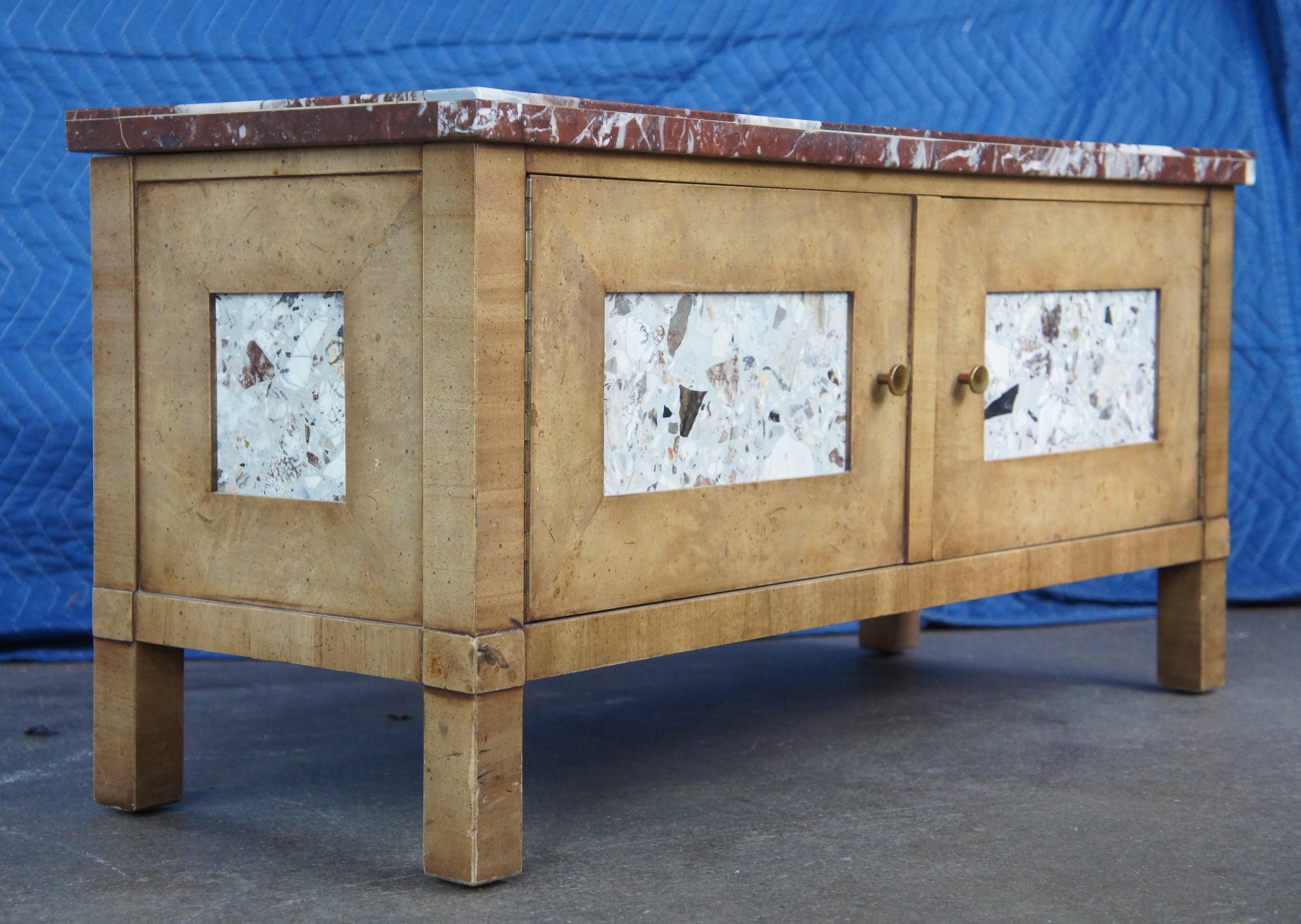 Mid Century Walnut Brass Marble Pier Hall Mirror Entry Bench Console Cabinet For Sale 2