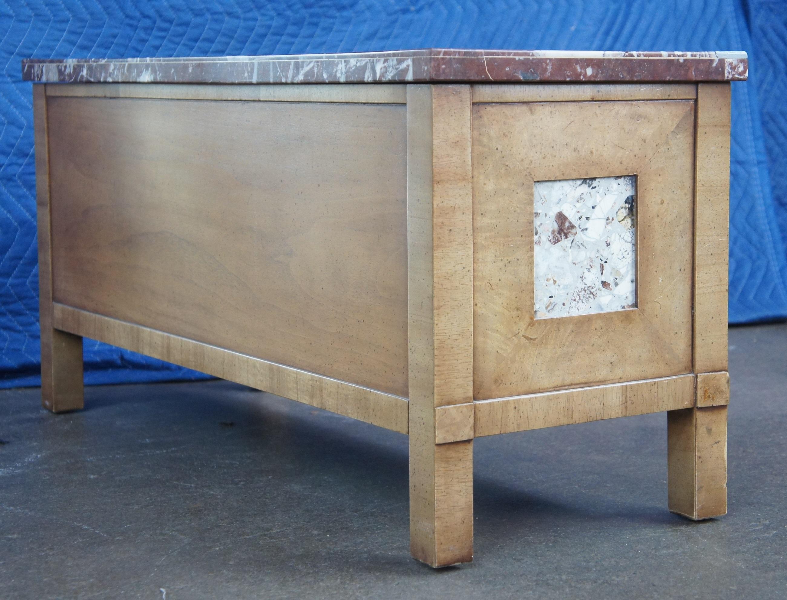 Mid Century Walnut Brass Marble Pier Hall Mirror Entry Bench Console Cabinet For Sale 3
