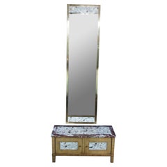 Mid Century Walnut Brass Marble Pier Hall Mirror Entry Bench Console Cabinet