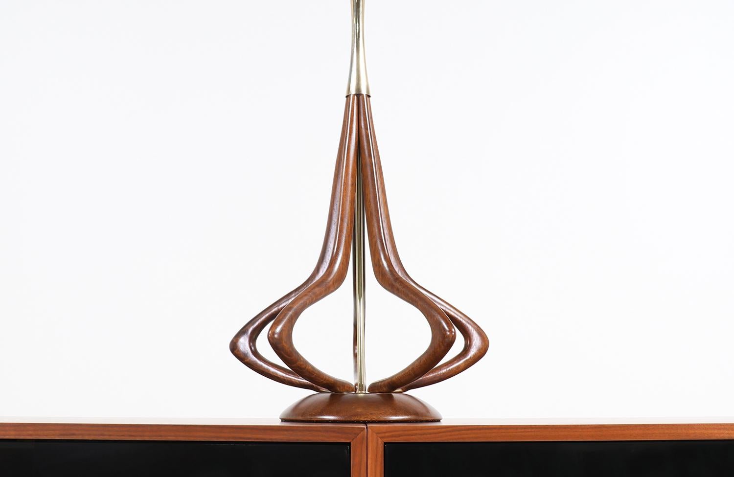 Midcentury Walnut and Brass Sculpted Table Lamp 3