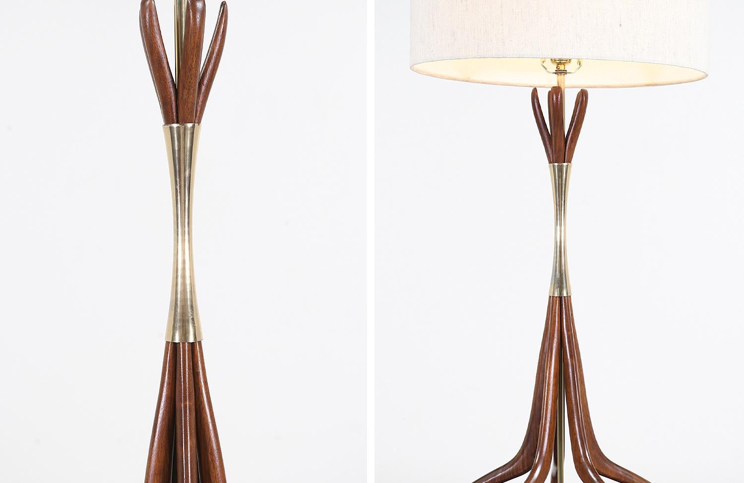 Midcentury Walnut and Brass Sculpted Table Lamp 4