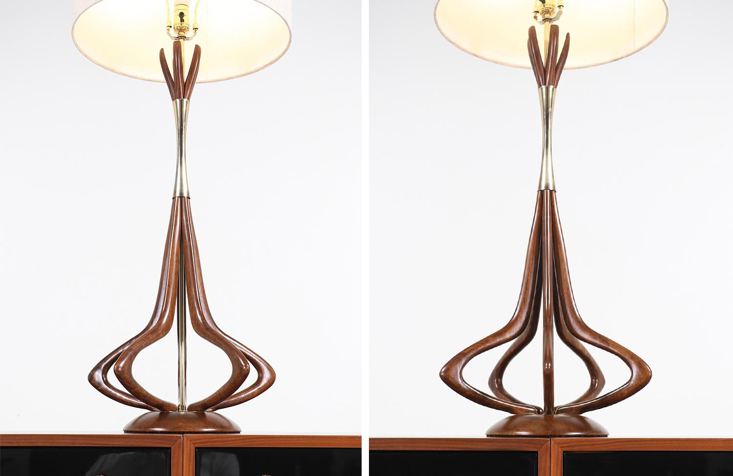 Midcentury Walnut and Brass Sculpted Table Lamp 5