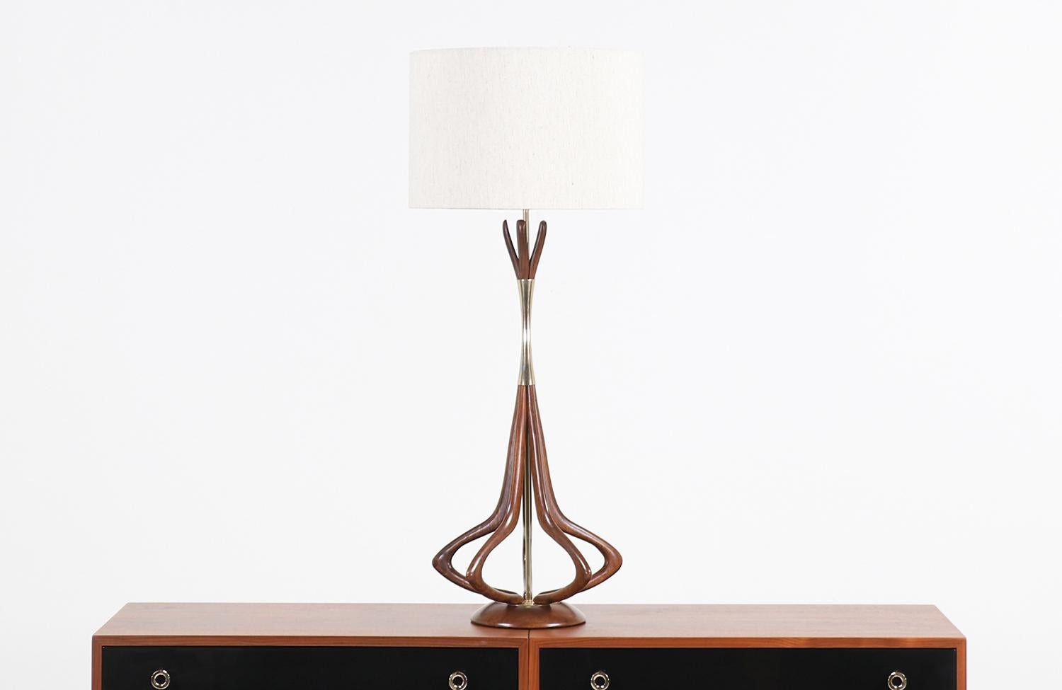 Mid-Century Modern Midcentury Walnut and Brass Sculpted Table Lamp