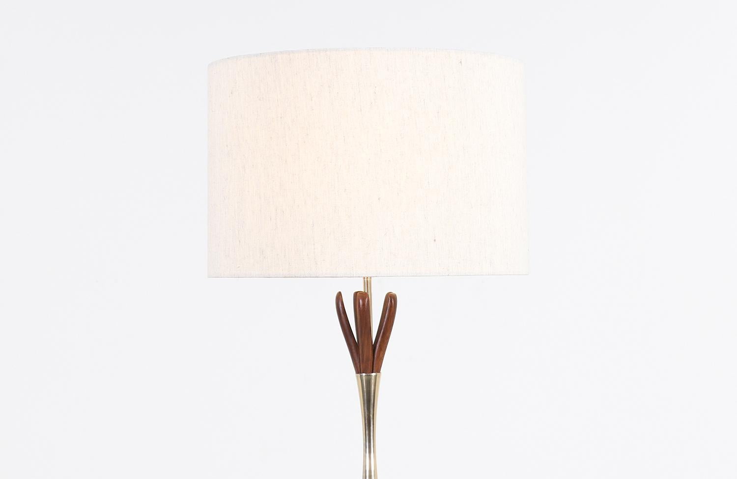 American Midcentury Walnut and Brass Sculpted Table Lamp