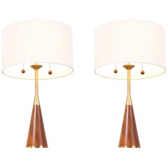 Midcentury Walnut and Brass Table Lamps by Rembrandt