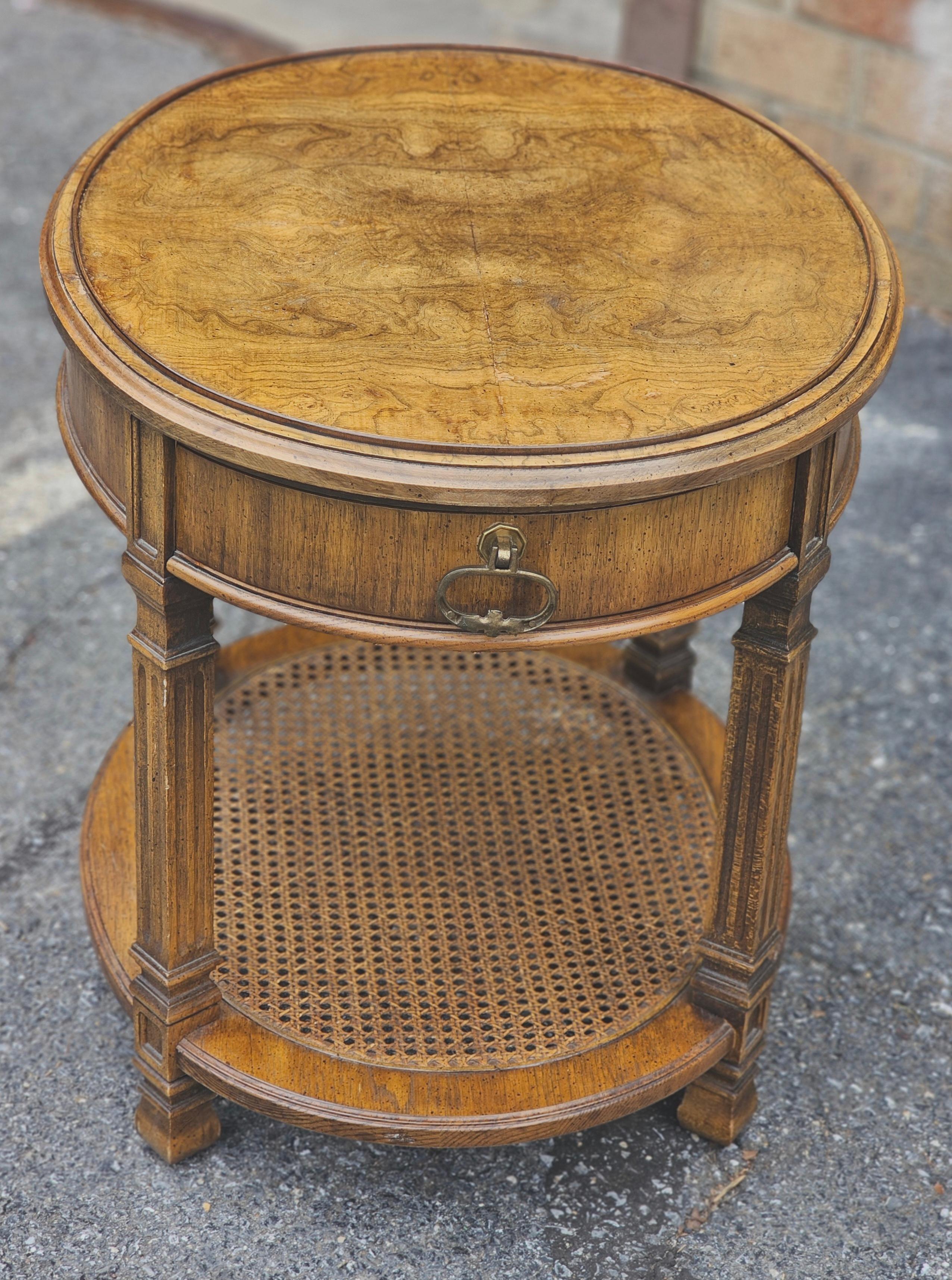 Stained Mid Century Walnut Burl and Cane Oval Side Table For Sale