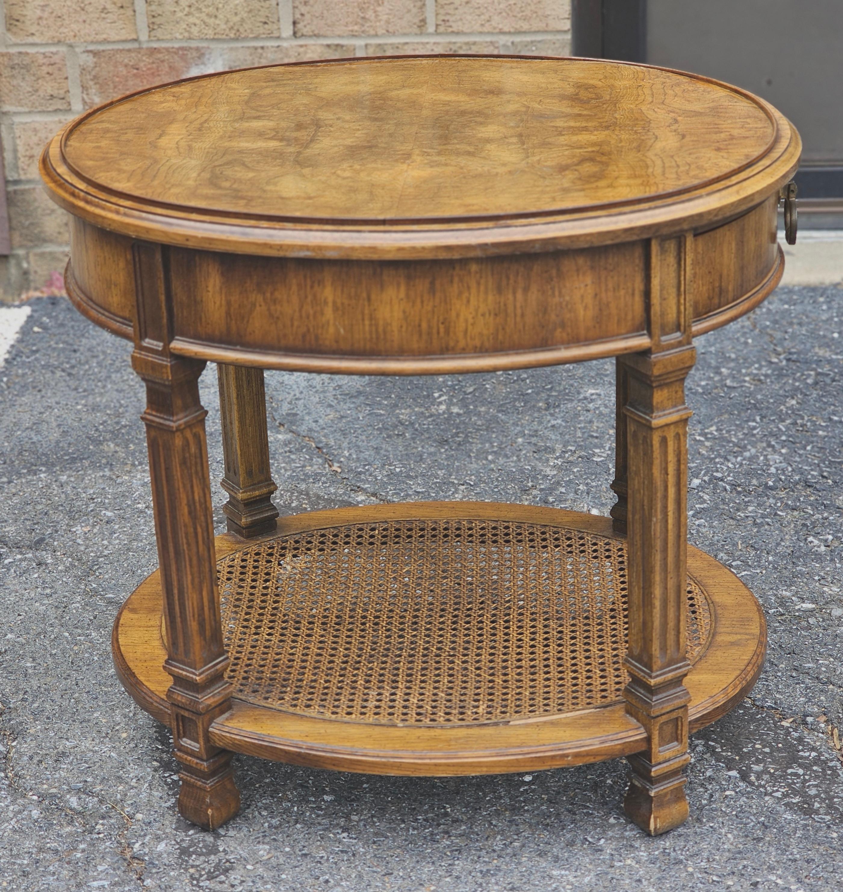Faux Bamboo Mid Century Walnut Burl and Cane Oval Side Table For Sale