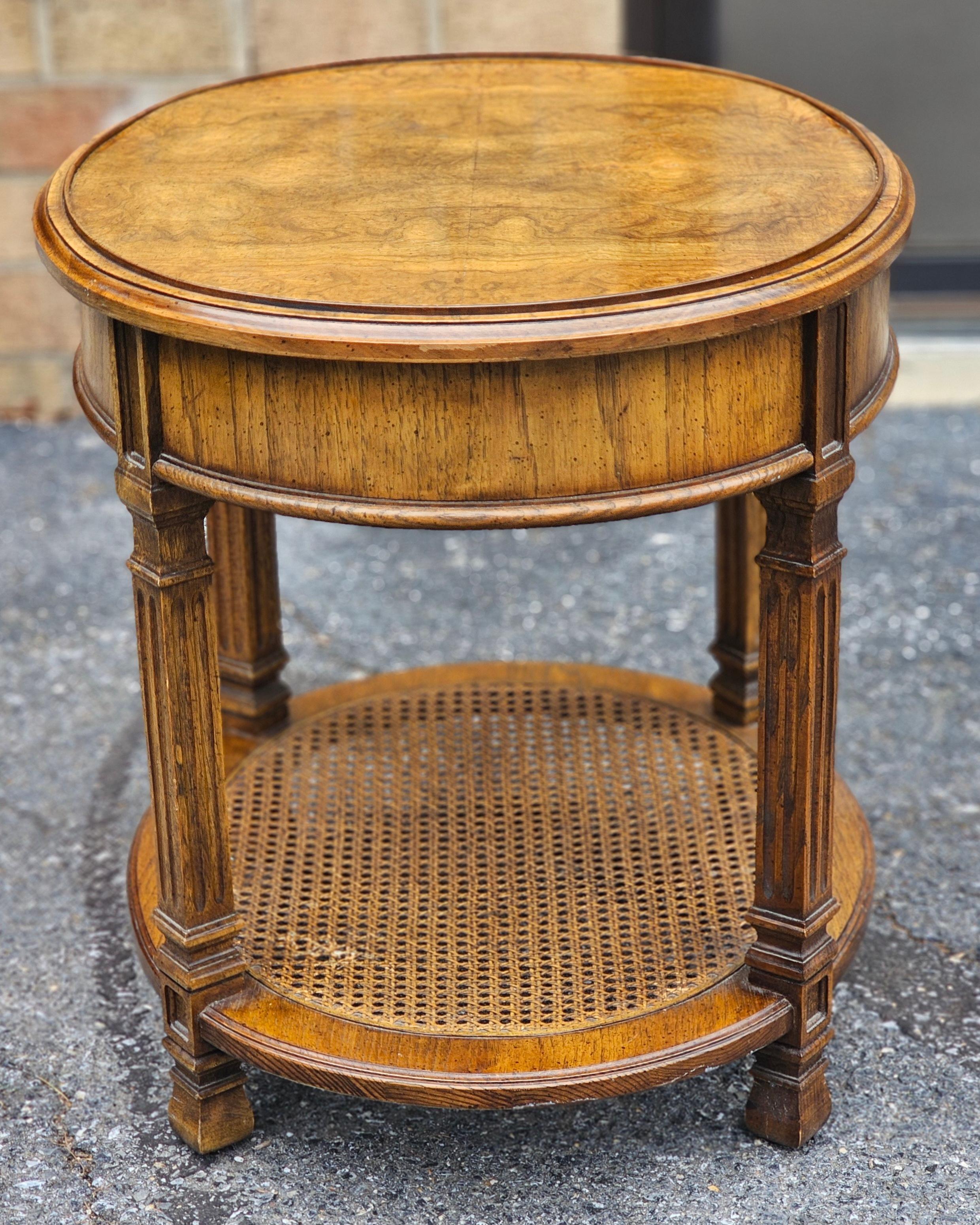 Mid Century Walnut Burl and Cane Oval Side Table For Sale 1