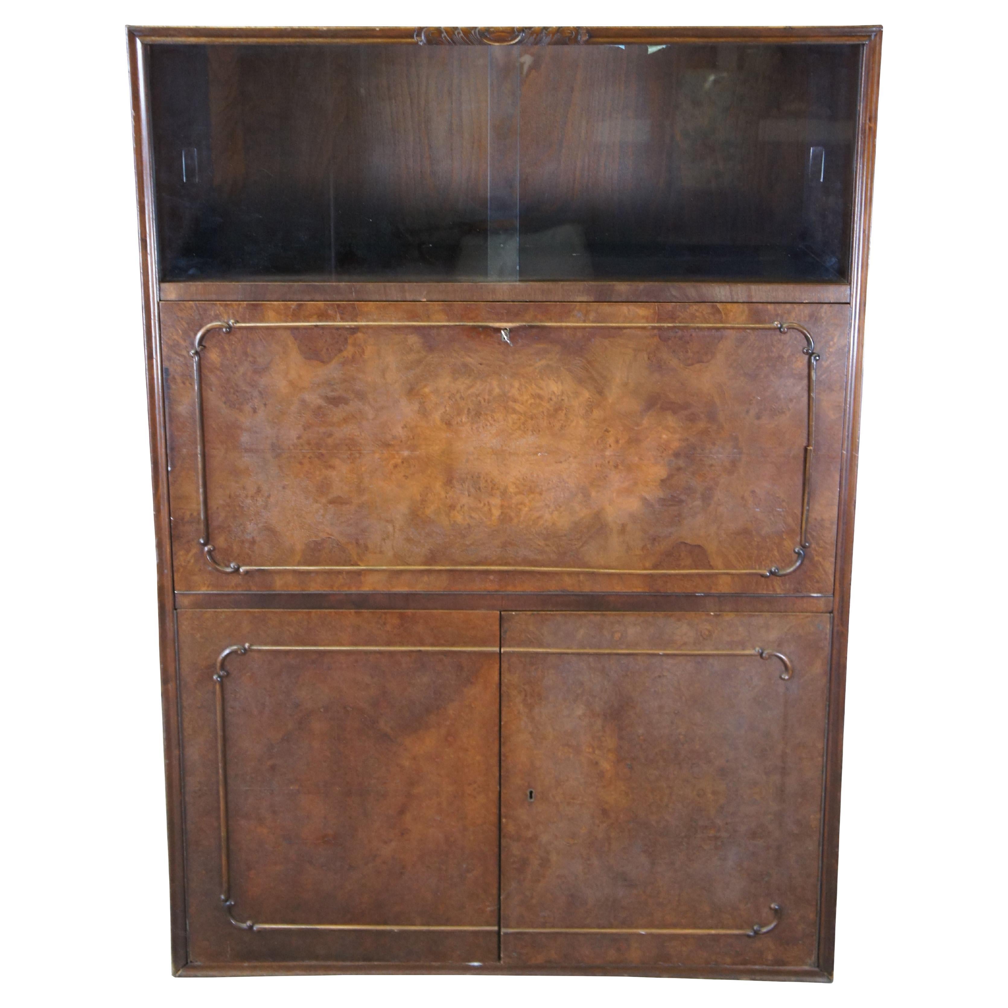 Mid Century Walnut Burl Carved Secretary Writing Desk Bookcase Bureau Cabinet For Sale