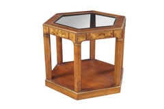Mid Century Walnut Burl Hexagon Side Accent Drum Table Glass Insert 28"