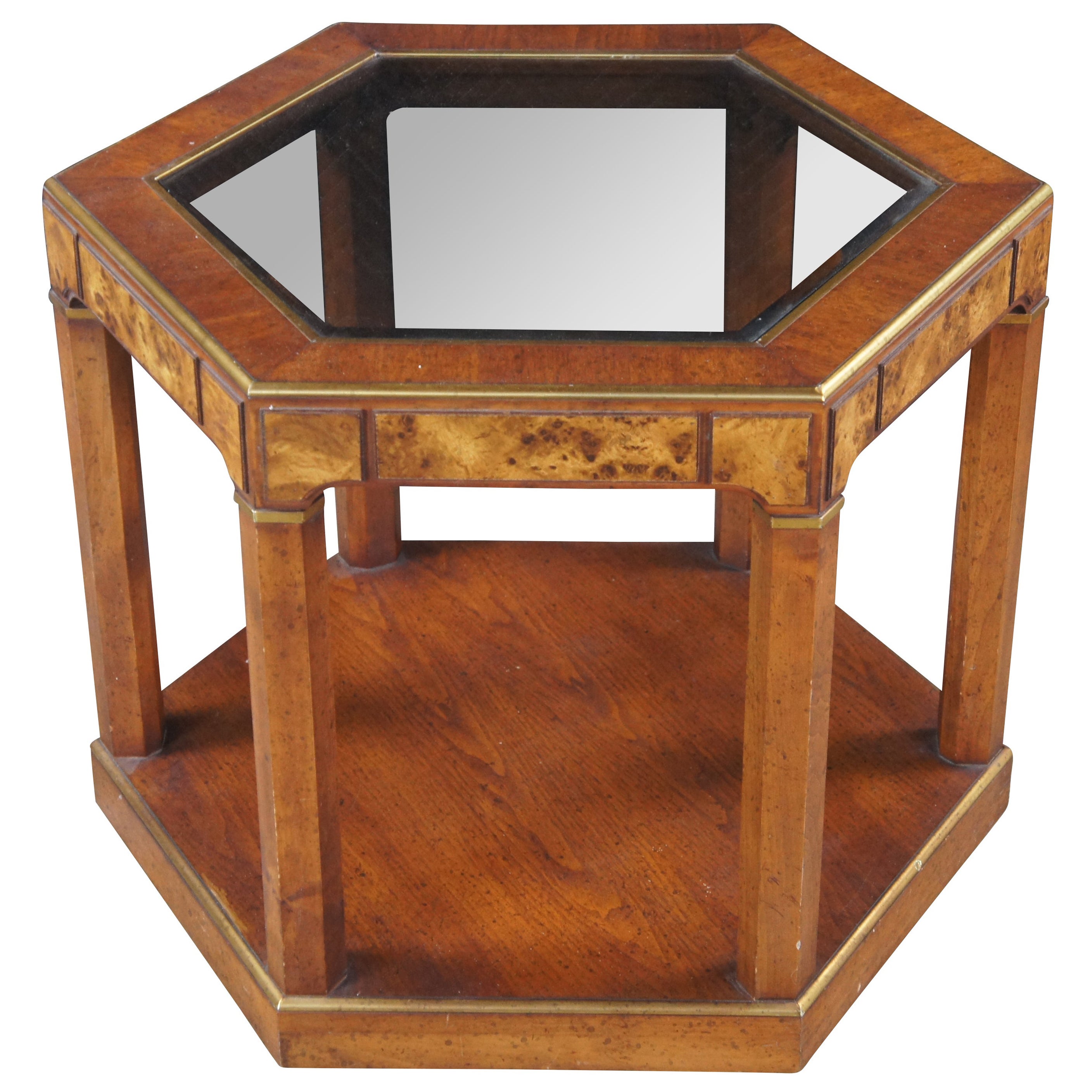 Mid Century Walnut Burl Hexagon Side Accent Drum Table Glass Insert 28" For Sale