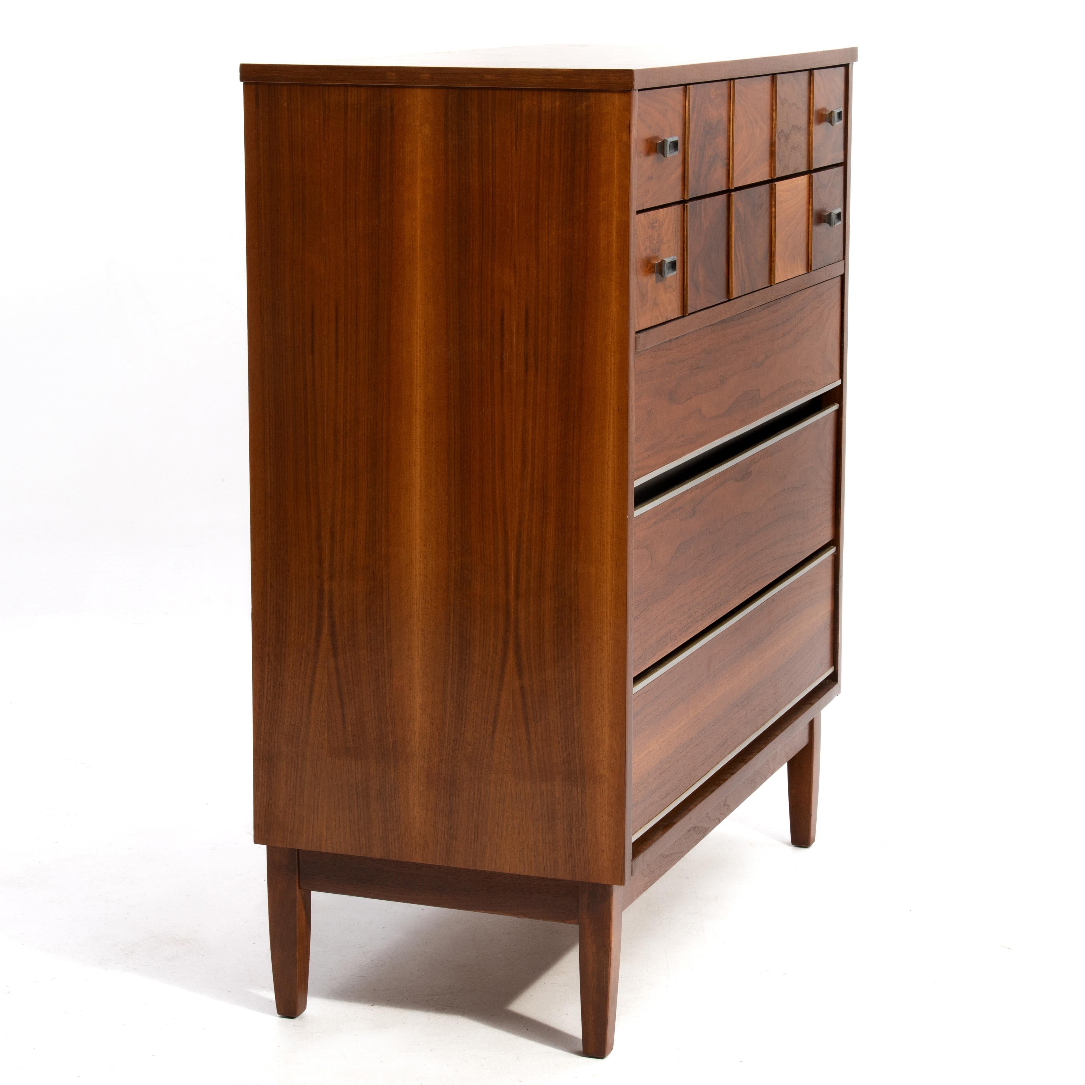 Mid-Century Modern Mid-Century Walnut Burl Highboy Bachelors Chest Unmarked American Modern