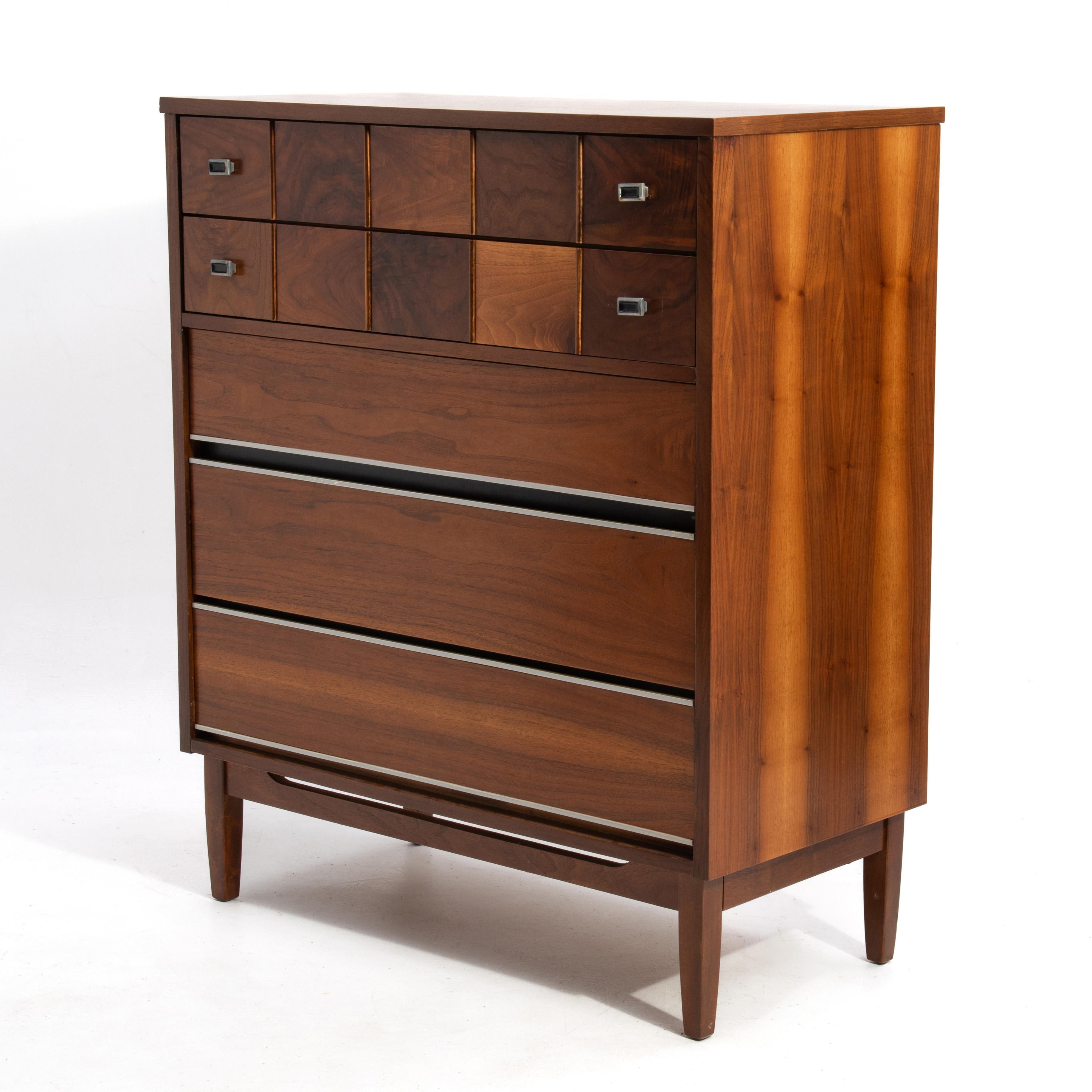 Mid-20th Century Mid-Century Walnut Burl Highboy Bachelors Chest Unmarked American Modern
