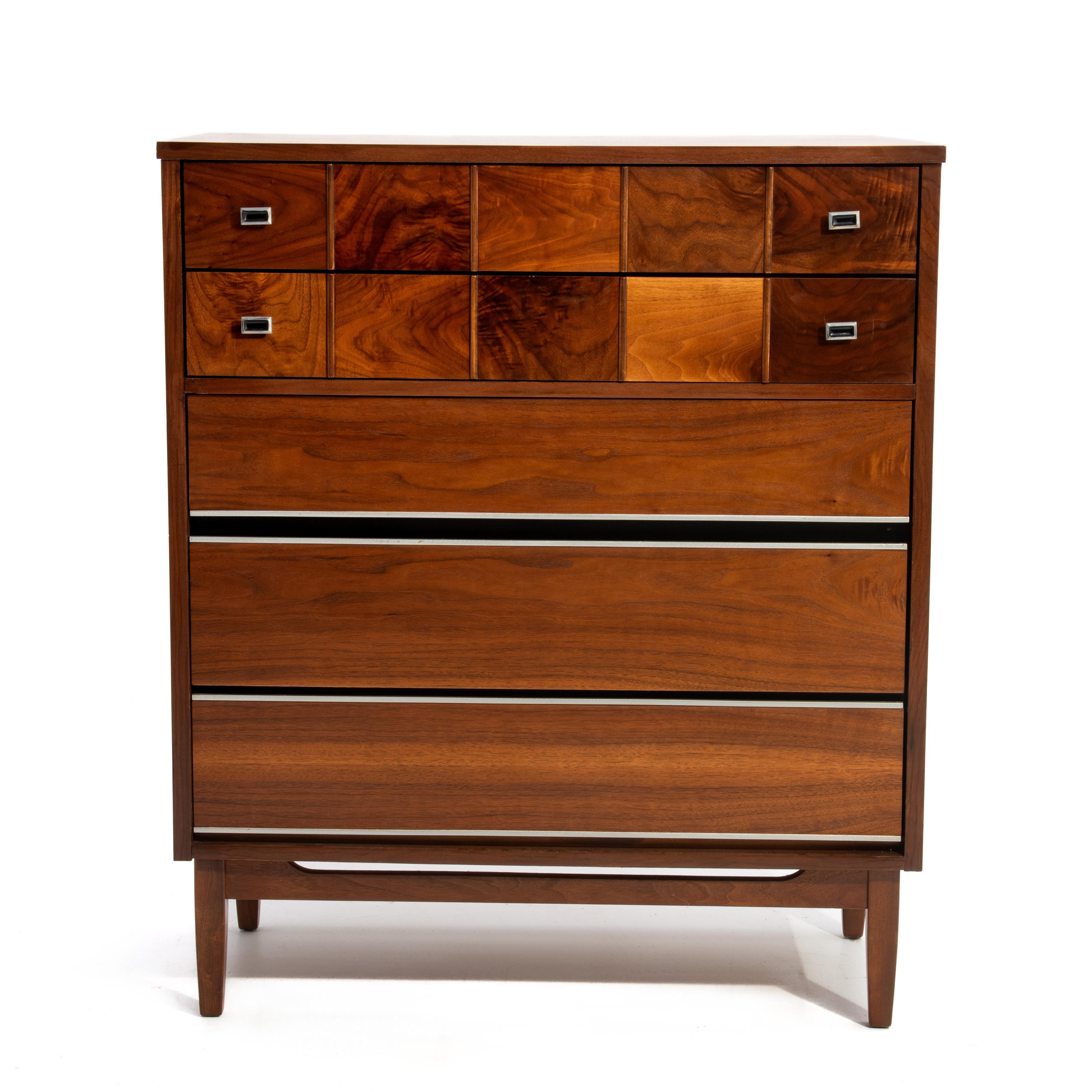 Metal Mid-Century Walnut Burl Highboy Bachelors Chest Unmarked American Modern