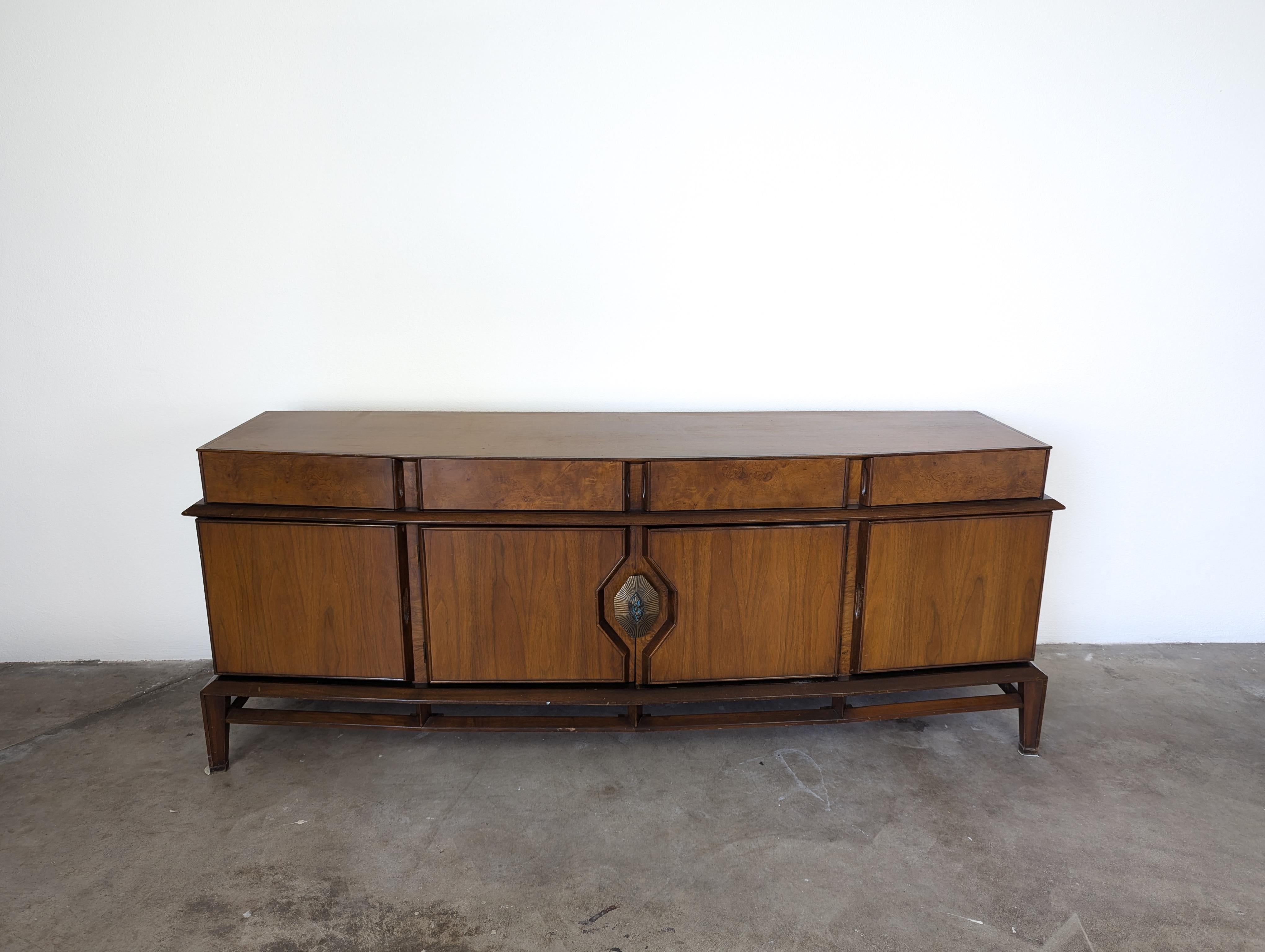 Brass Mid Century Walnut & Burl Lowboy Credenza/Buffet by Helen & Hobey Baker, c1960s