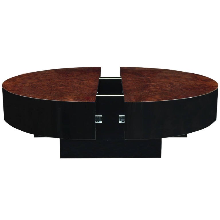 MidCentury Walnut Burl Coffee Table with Pull Out Bar by Jean Claude