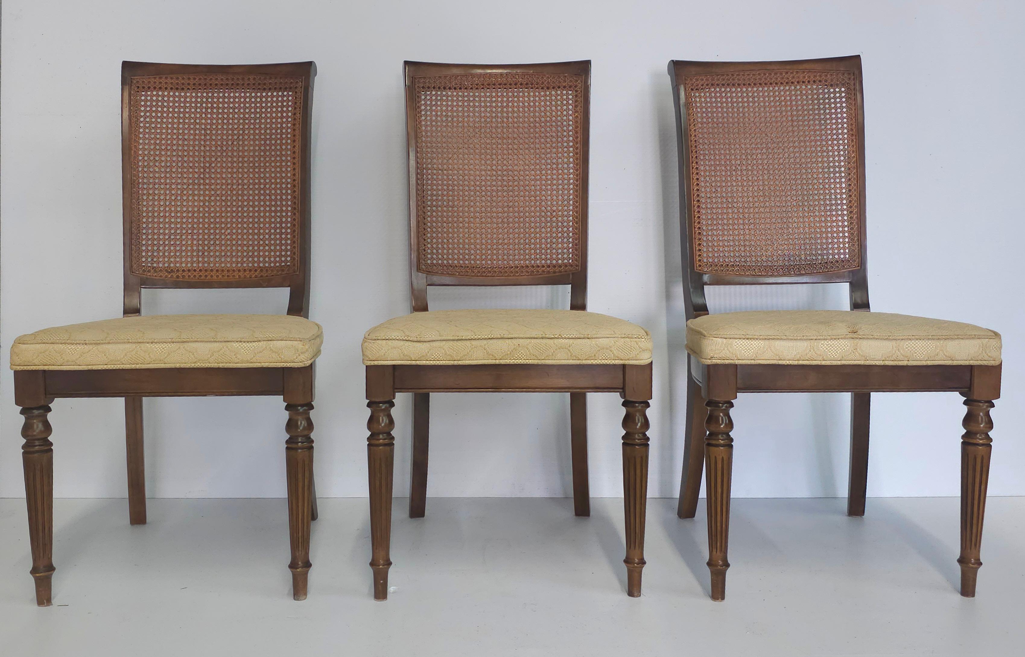 Brass Mid-Century Walnut Cane Back and Upholstered Side Chair For Sale