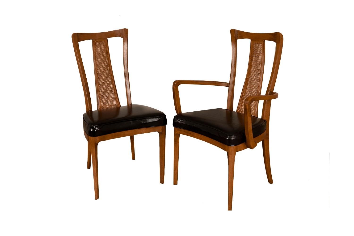 Upholstery Mid-Century Walnut Cane Back Six Dining Chairs  For Sale