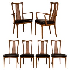 Used Mid-Century Walnut Cane Back Six Dining Chairs 