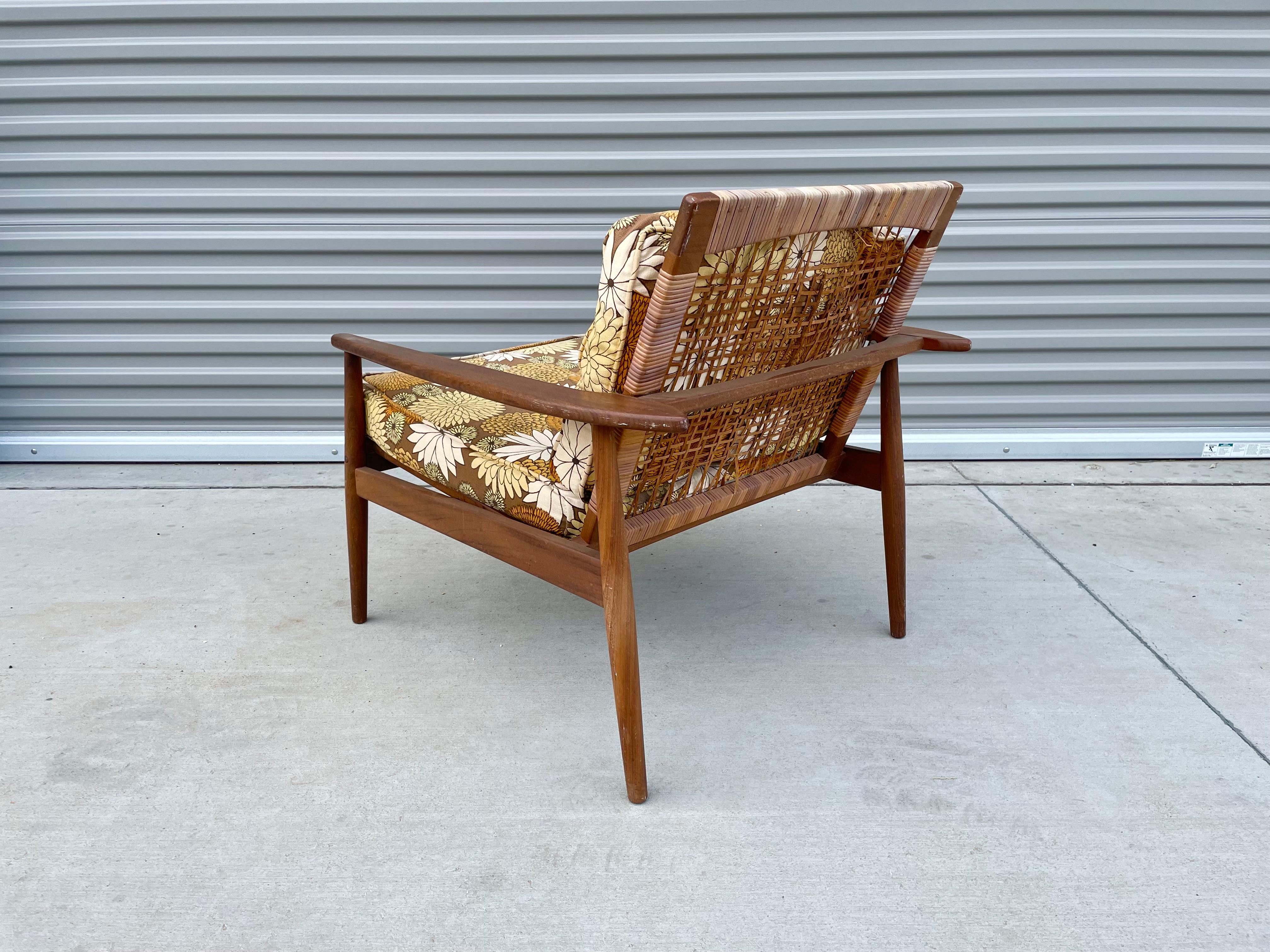 Midcentury Walnut Cane Lounge Chair Styled After Hans Olsen For Sale 5