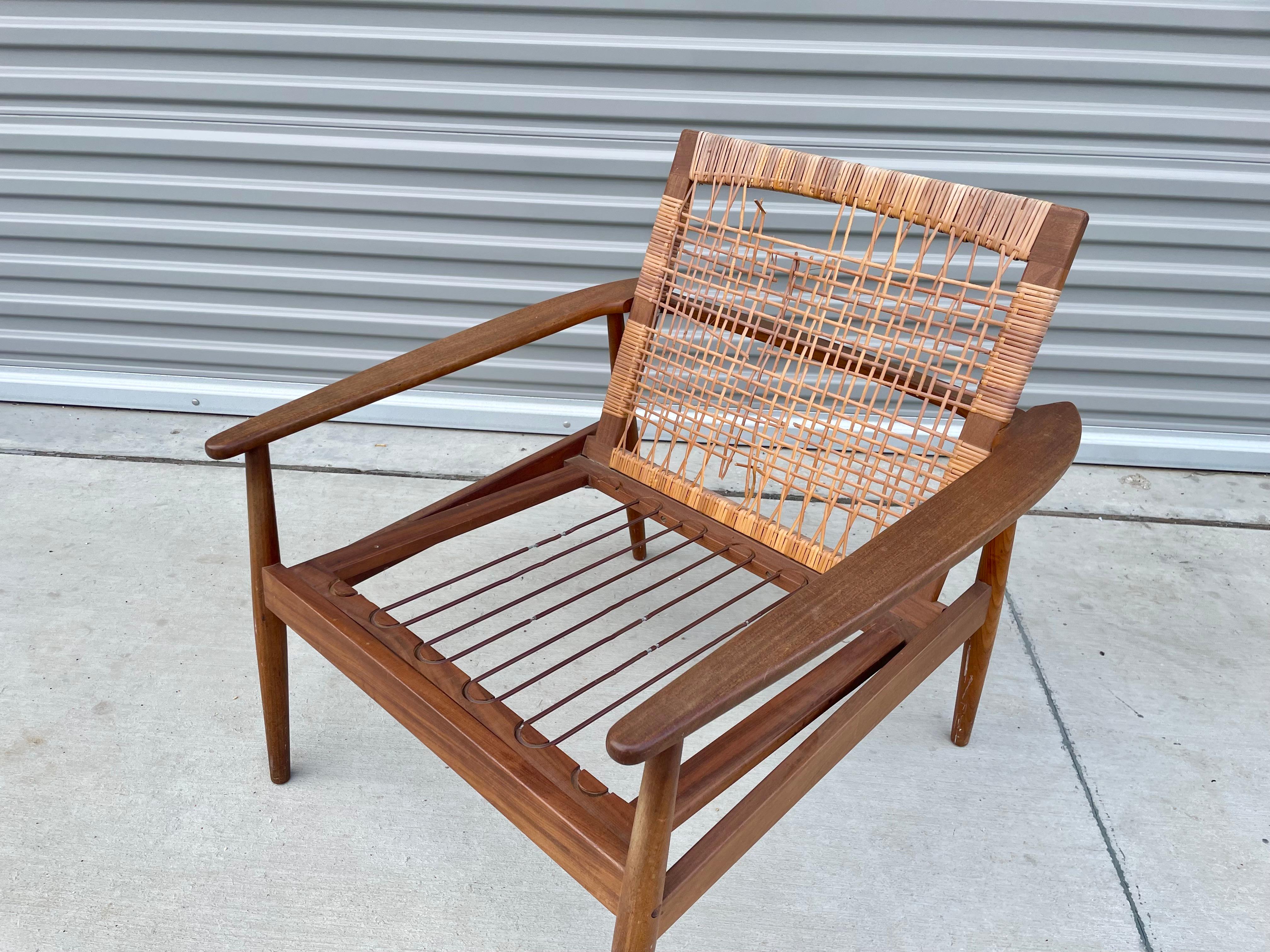 Midcentury Walnut Cane Lounge Chair Styled After Hans Olsen For Sale 7