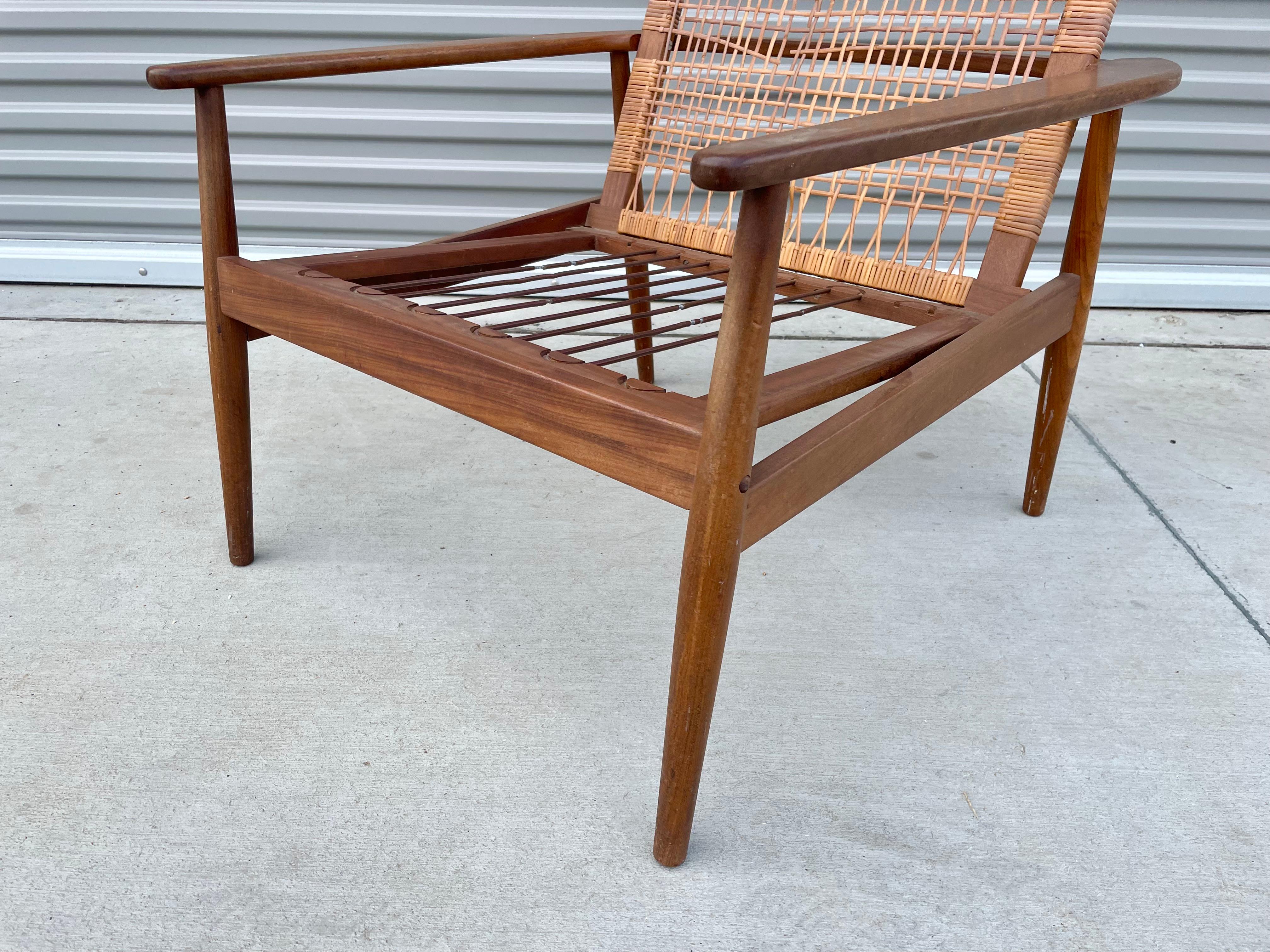 Midcentury Walnut Cane Lounge Chair Styled After Hans Olsen For Sale 8