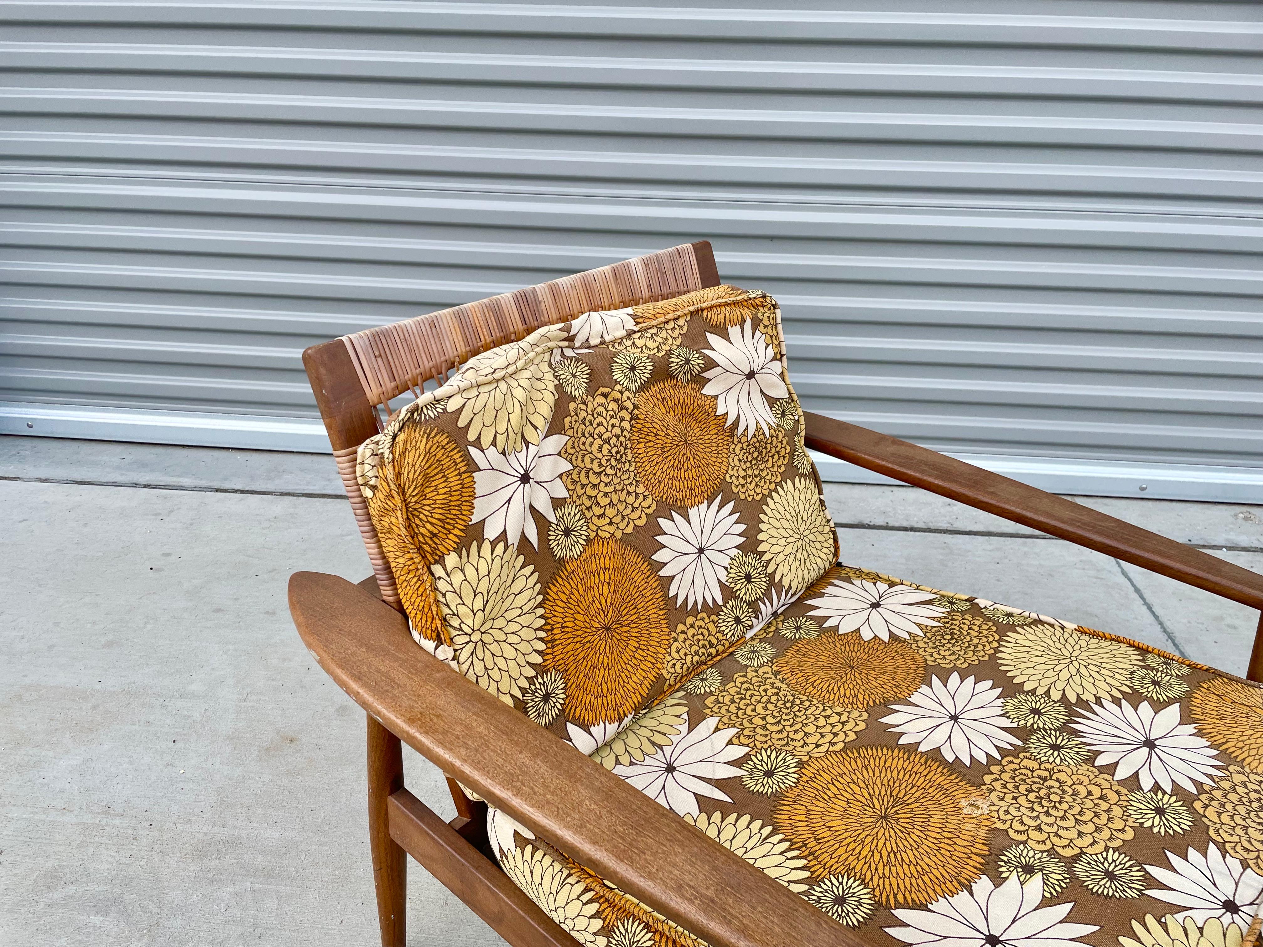 American Midcentury Walnut Cane Lounge Chair Styled After Hans Olsen For Sale
