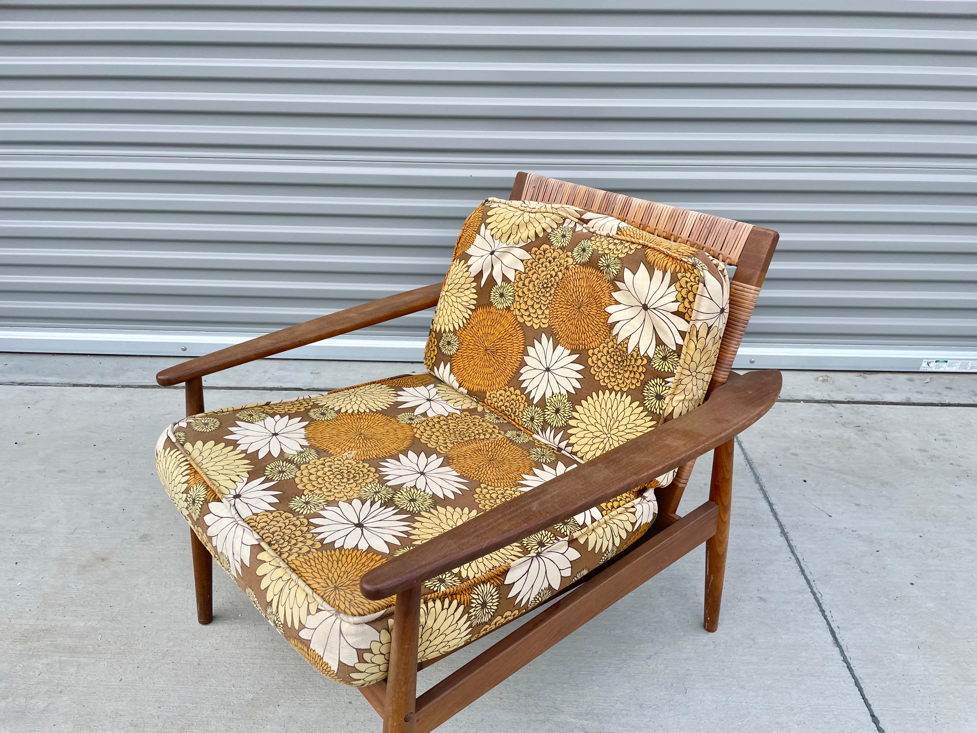 Twine Midcentury Walnut Cane Lounge Chair Styled After Hans Olsen For Sale