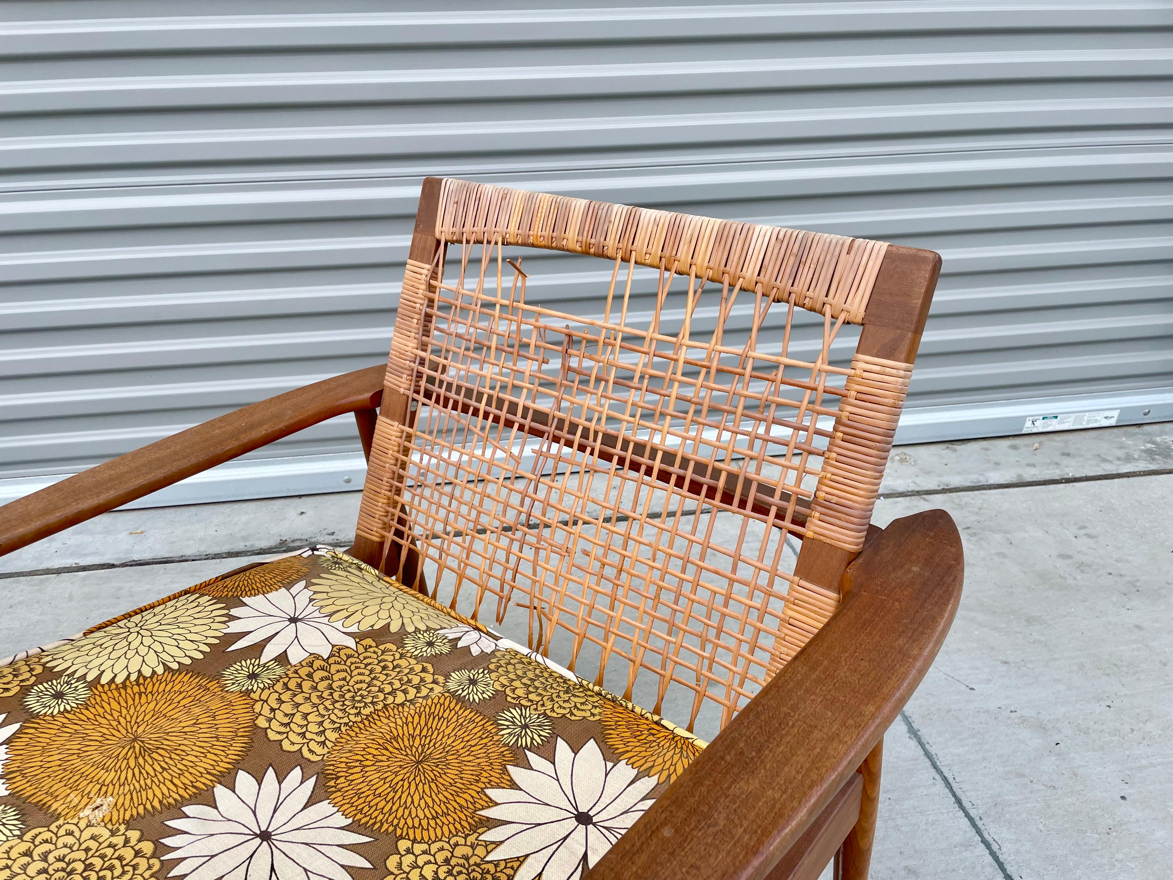 Midcentury Walnut Cane Lounge Chair Styled After Hans Olsen For Sale 2