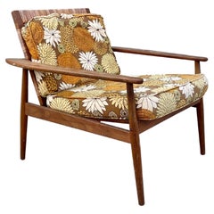 Mid Century Walnut Cane Lounge Chair Styled After Hans Olsen