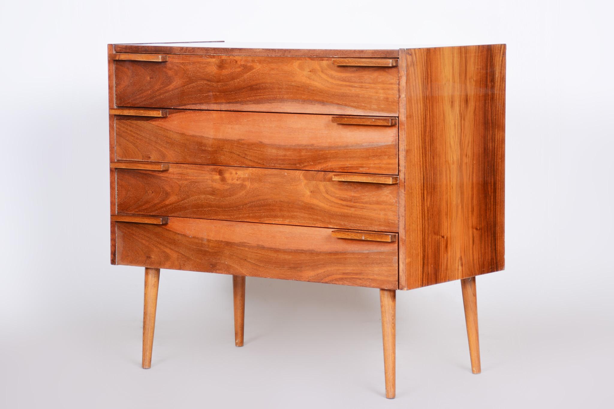 Wood Mid Century Walnut Chest of Drawers, Commode, Made in Czechia, 1960s, Original For Sale