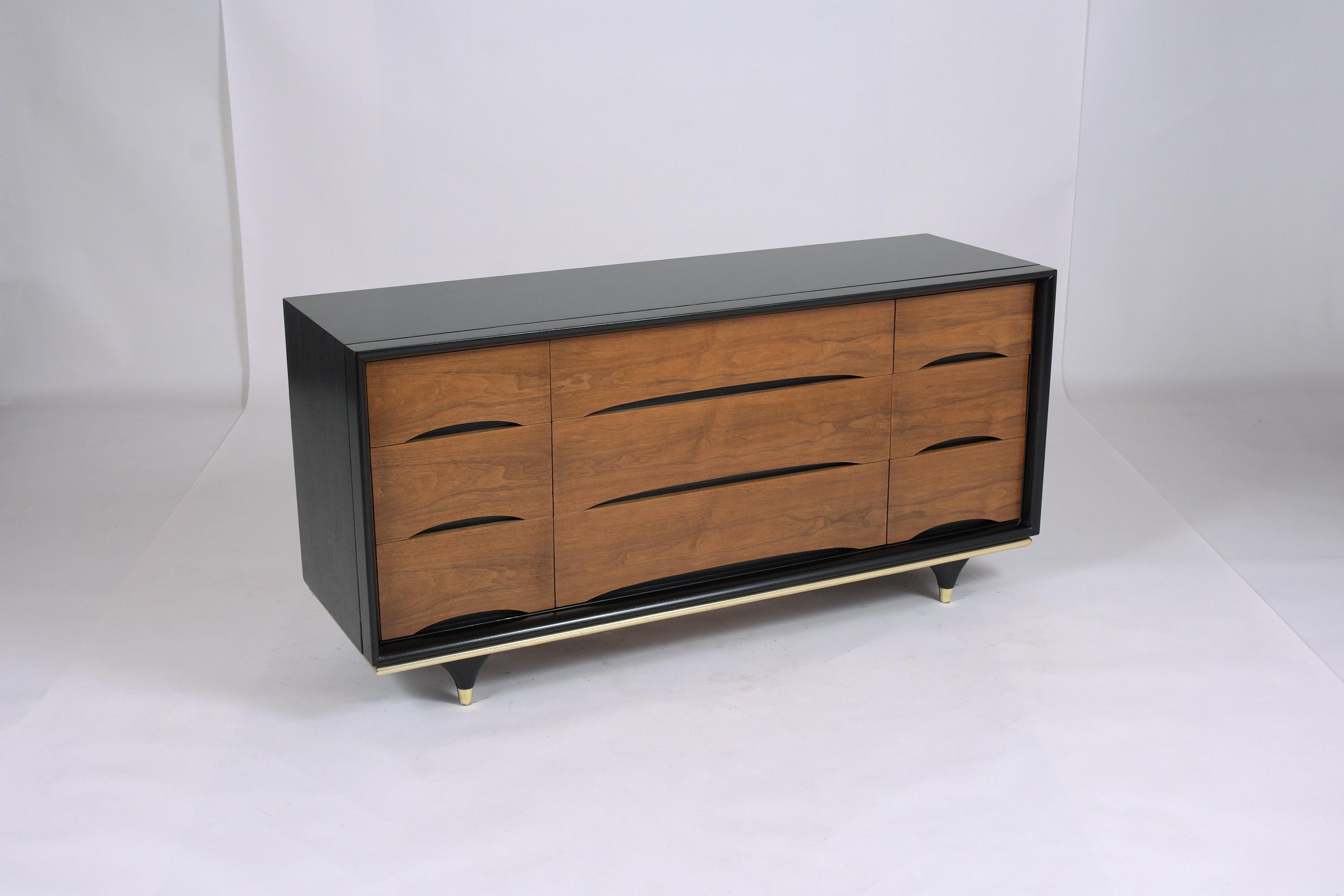 Lacquer Vintage Walnut Chest of Drawers: Mid-Century Elegance with Brass Accents