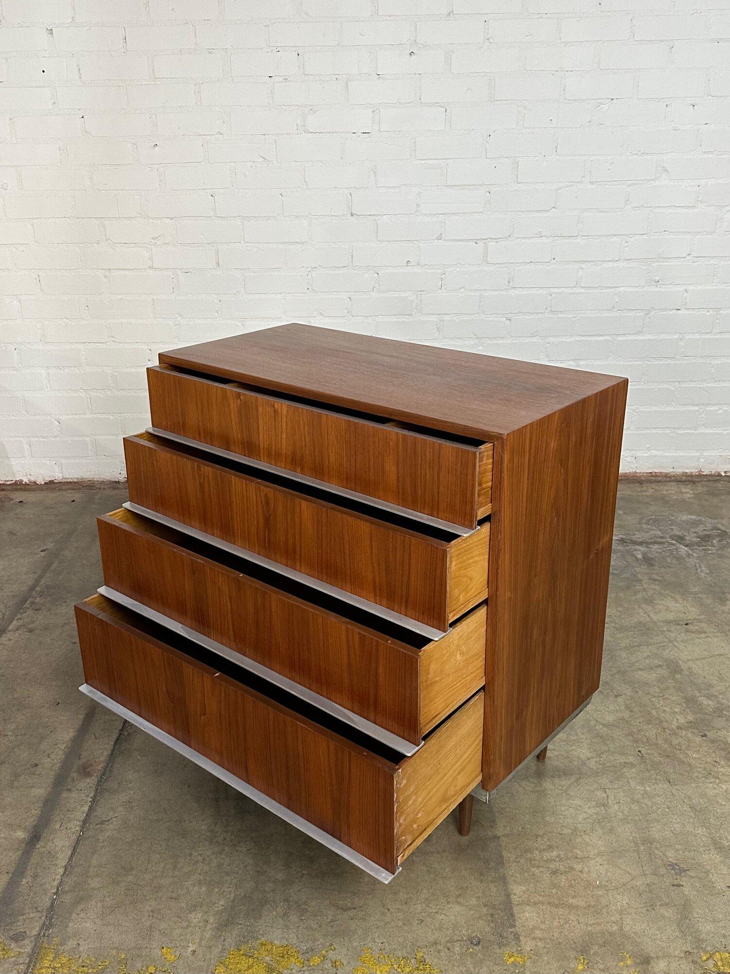 Mid Century Walnut Chest of Drawers with Polished Metal Pulls In Good Condition For Sale In Los Angeles, CA