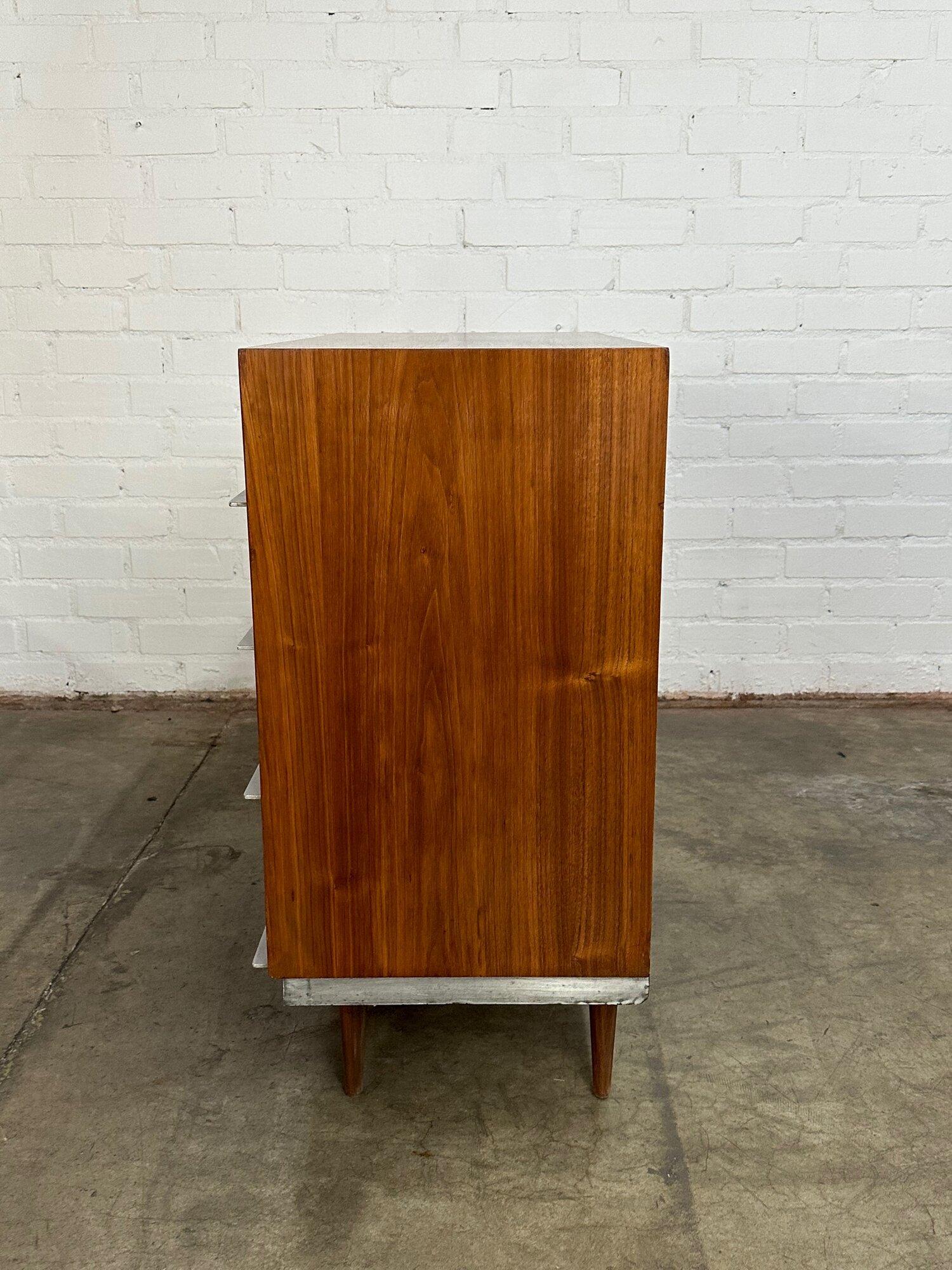 Mid Century Walnut Chest of Drawers with Polished Metal Pulls For Sale 1
