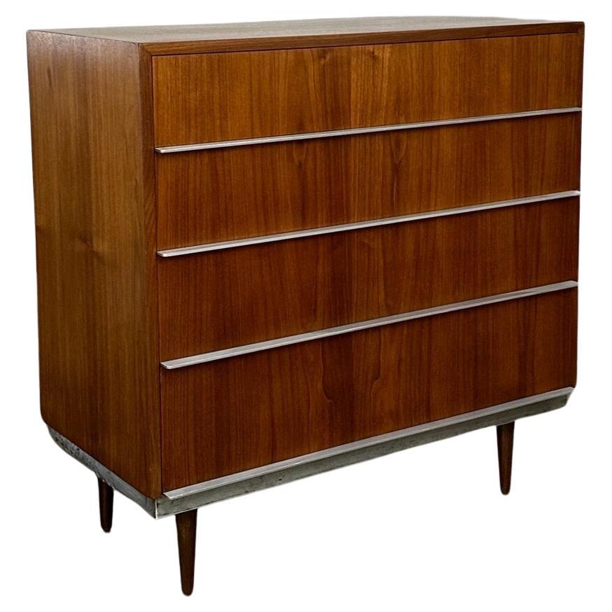 Mid Century Walnut Chest of Drawers with Polished Metal Pulls For Sale