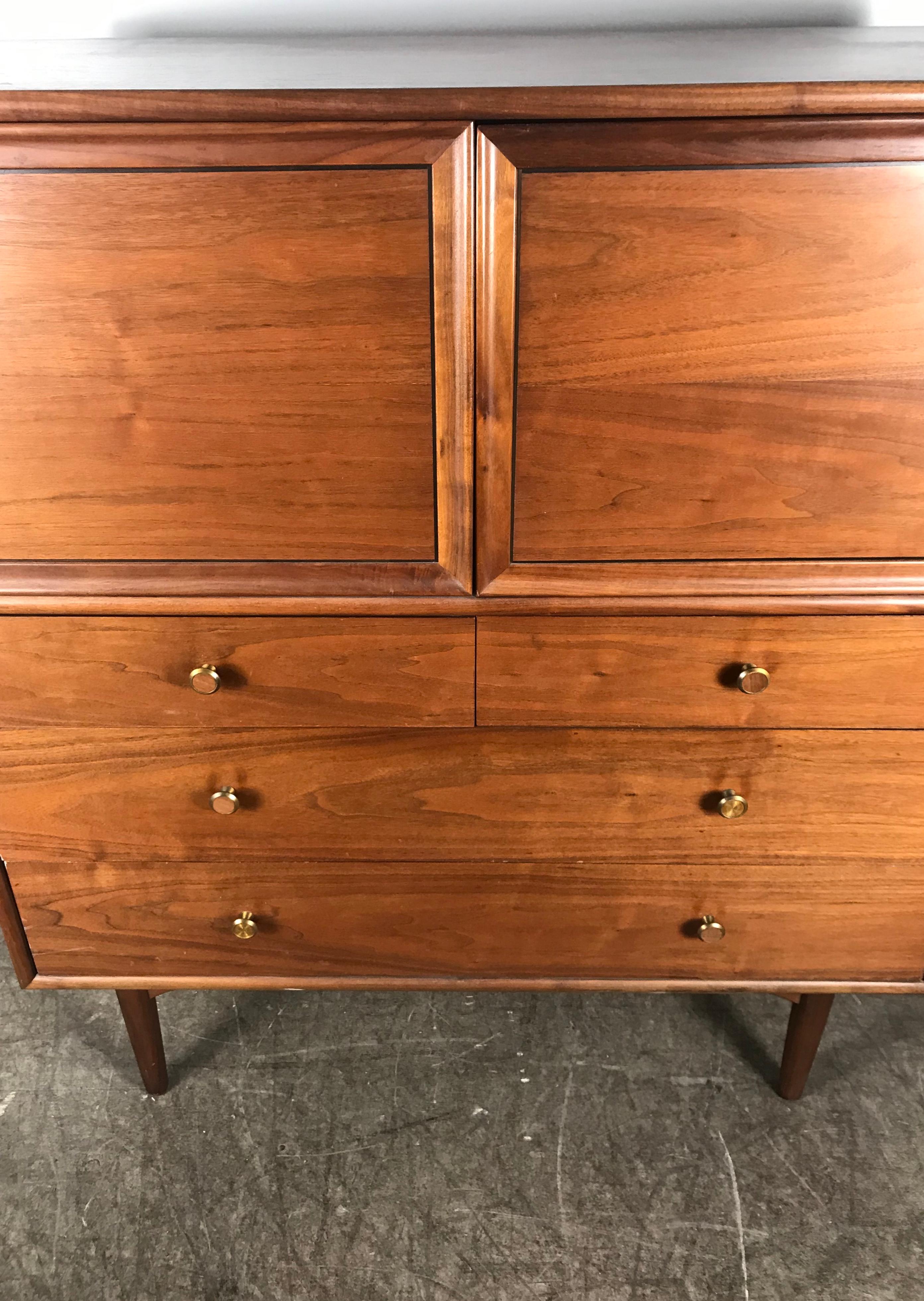 Brass Midcentury Walnut Chest with Concealed Mirror, Kipp Stewart & Stewart McDougall For Sale